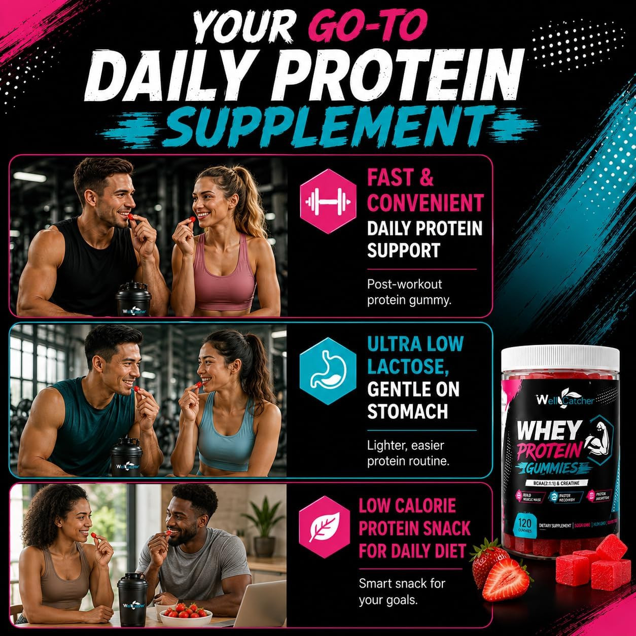 Whey Protein Gummies with BCAA & Creatine, Sugar Free Pectin Protein Gummies for