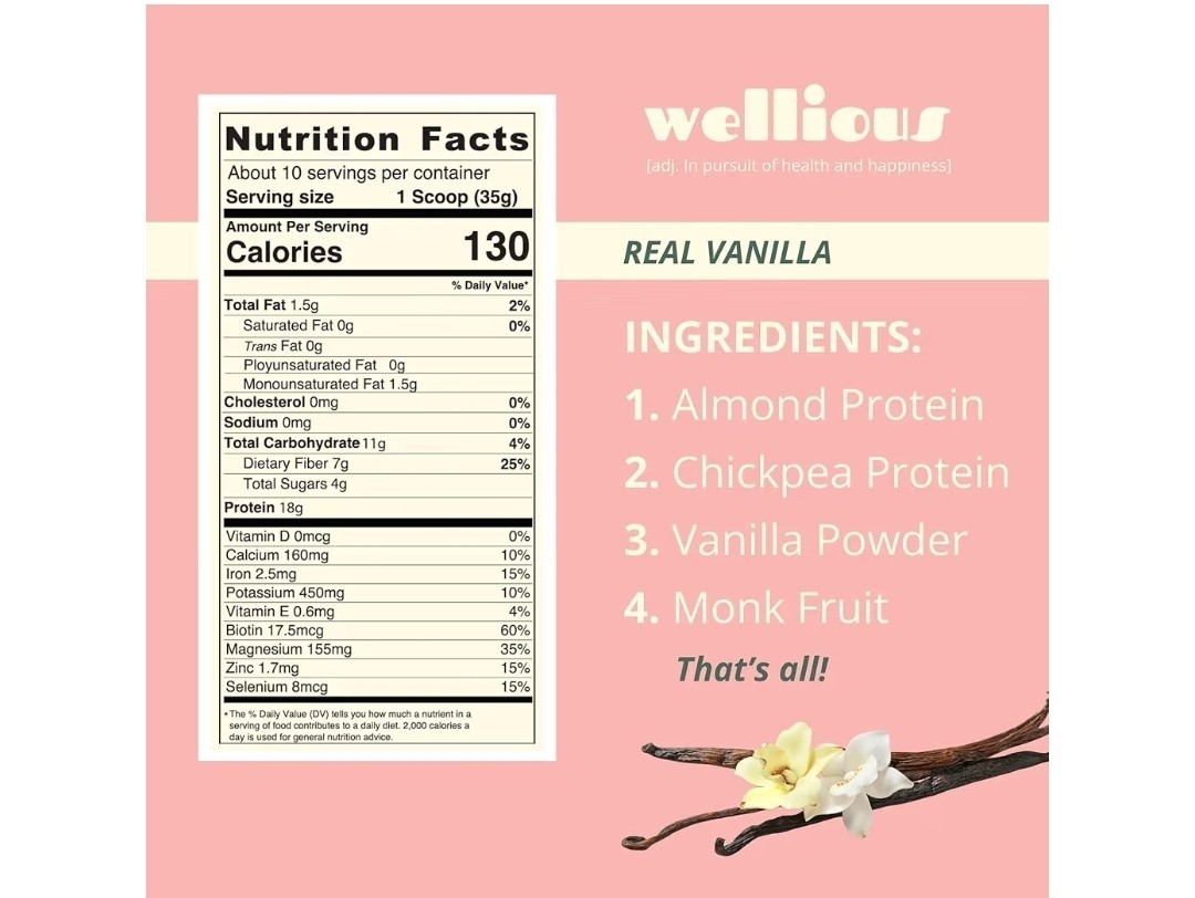 Wellious Almond Protein Powder Vanilla Vegan No Artificial Flavors 340g