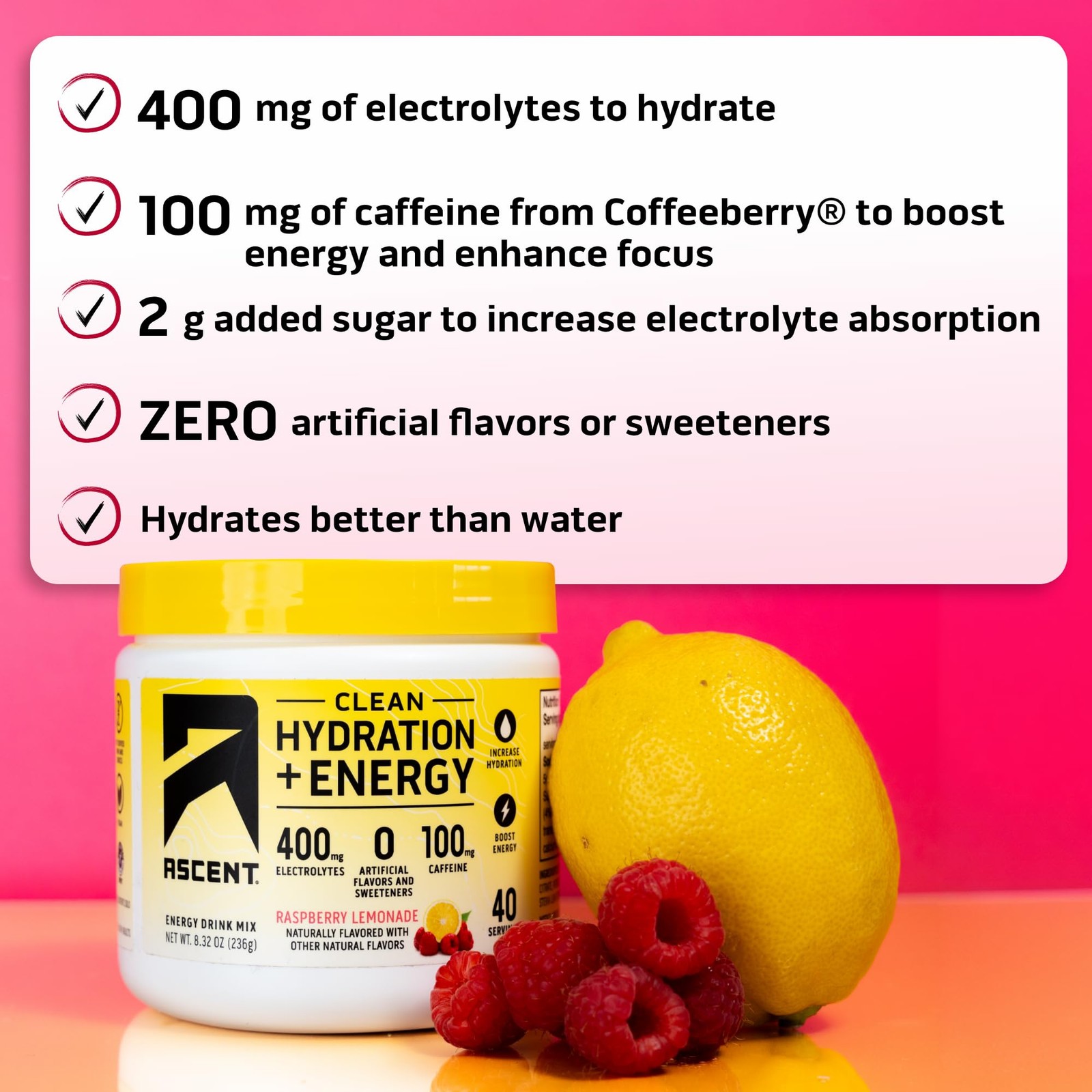 Ascent Clean Hydration + Energy Electrolytes Powder – 100mg Caffeine, 400mg Elec