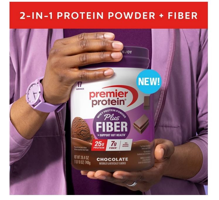 Premier Protein Powder Plus Fiber, Chocolate 17 Servings