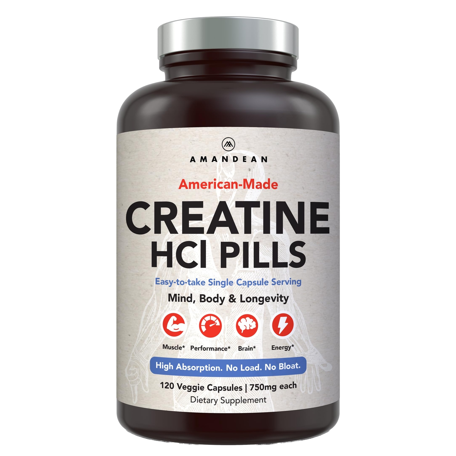 AMANDEAN Creatine HCl Pills. American Made CON-CRET. 120 Capsules. 7X Concent…