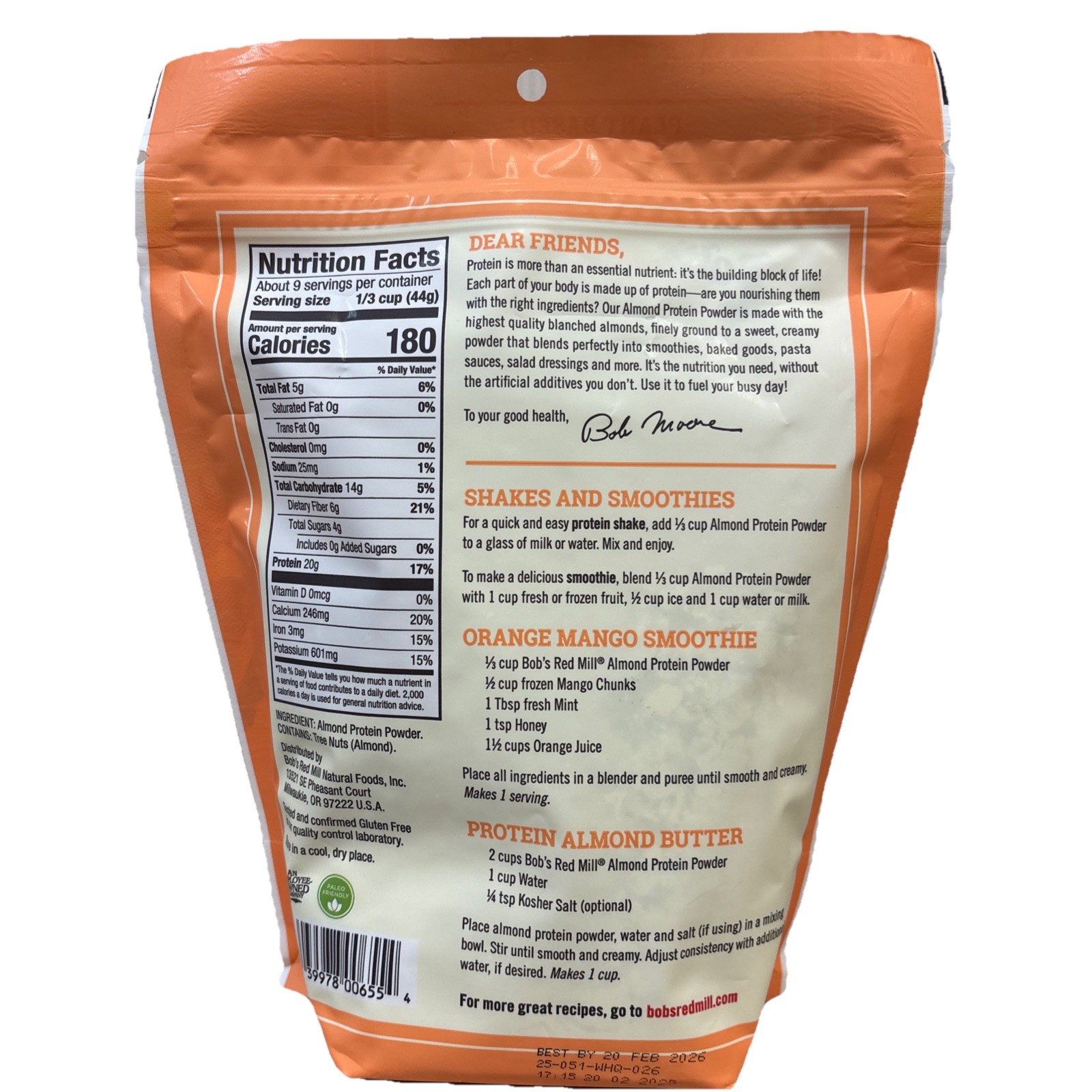 Bob’s Red Mill Gluten Free Almond Protein Powder 14 oz Pkg BB 02/2026