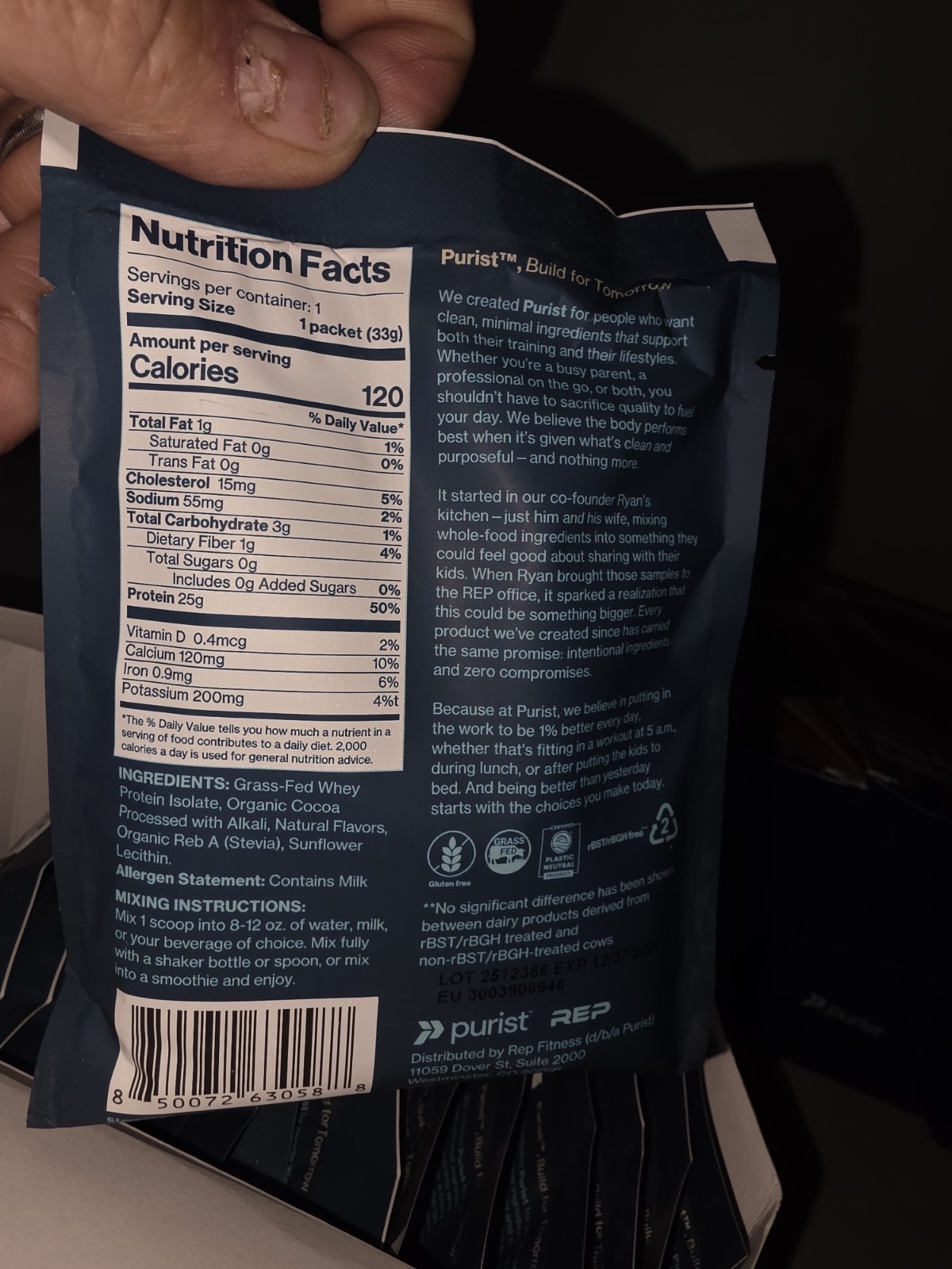 PURIST REP Whey Protein Powder, Premium Milk Chocolate Grassfed Isolate 15 Serv