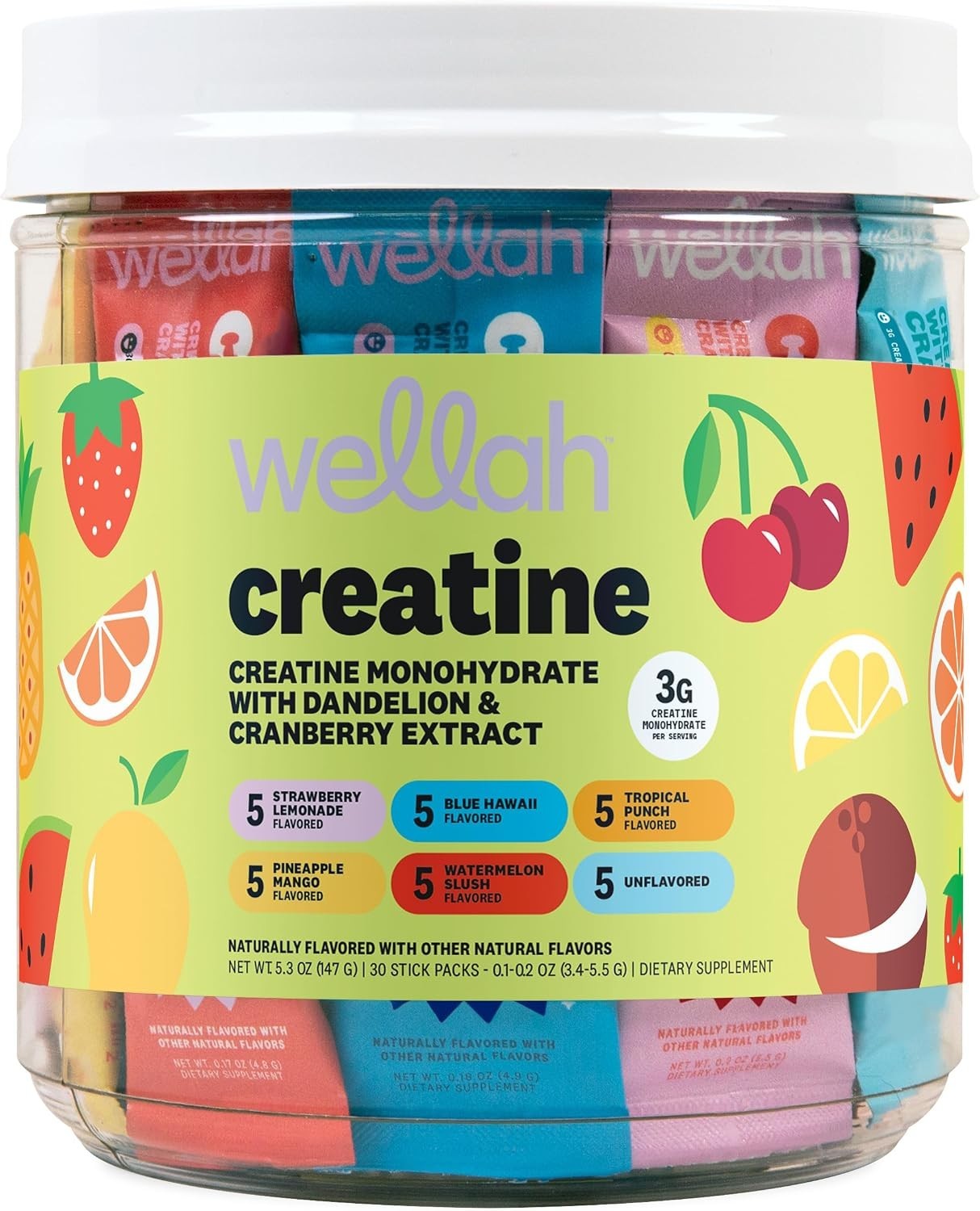 Wellah Creatine Monohydrate Powder for Women 30 Stick Packs 6 Flavors 3g