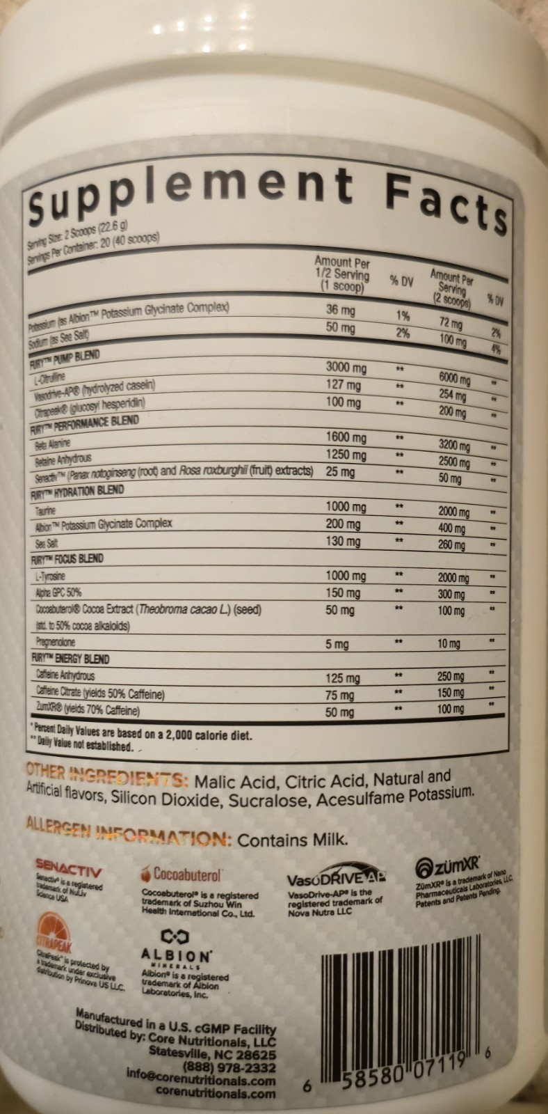 Core Nutritionals FURY V2 NEXT GEN PRE 1lb (20-40 Serv) Tropical BEST BY 11/ 26