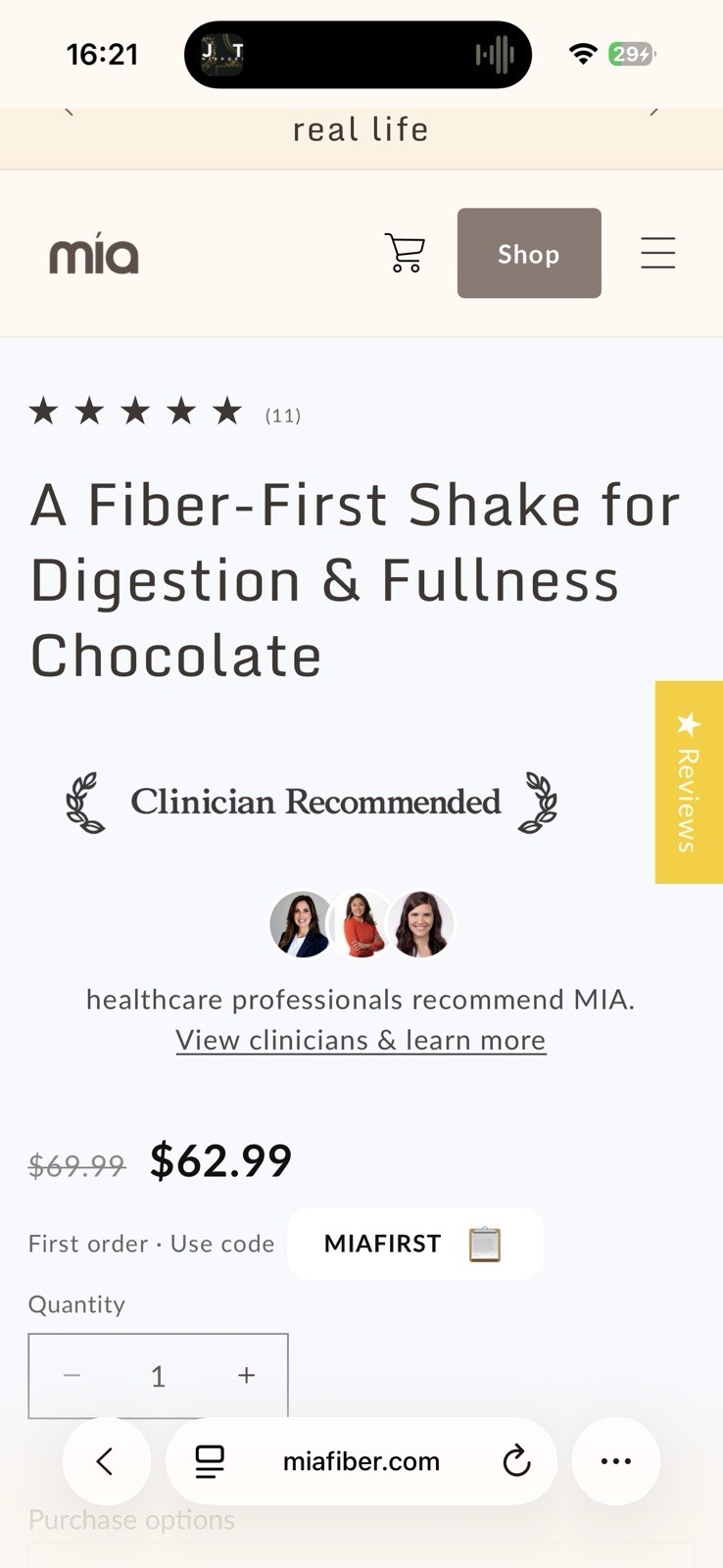 Mia Fiber + Protein Powder Chocolate 2 lb 15 Serv Vegan Gluten-Free Digestion