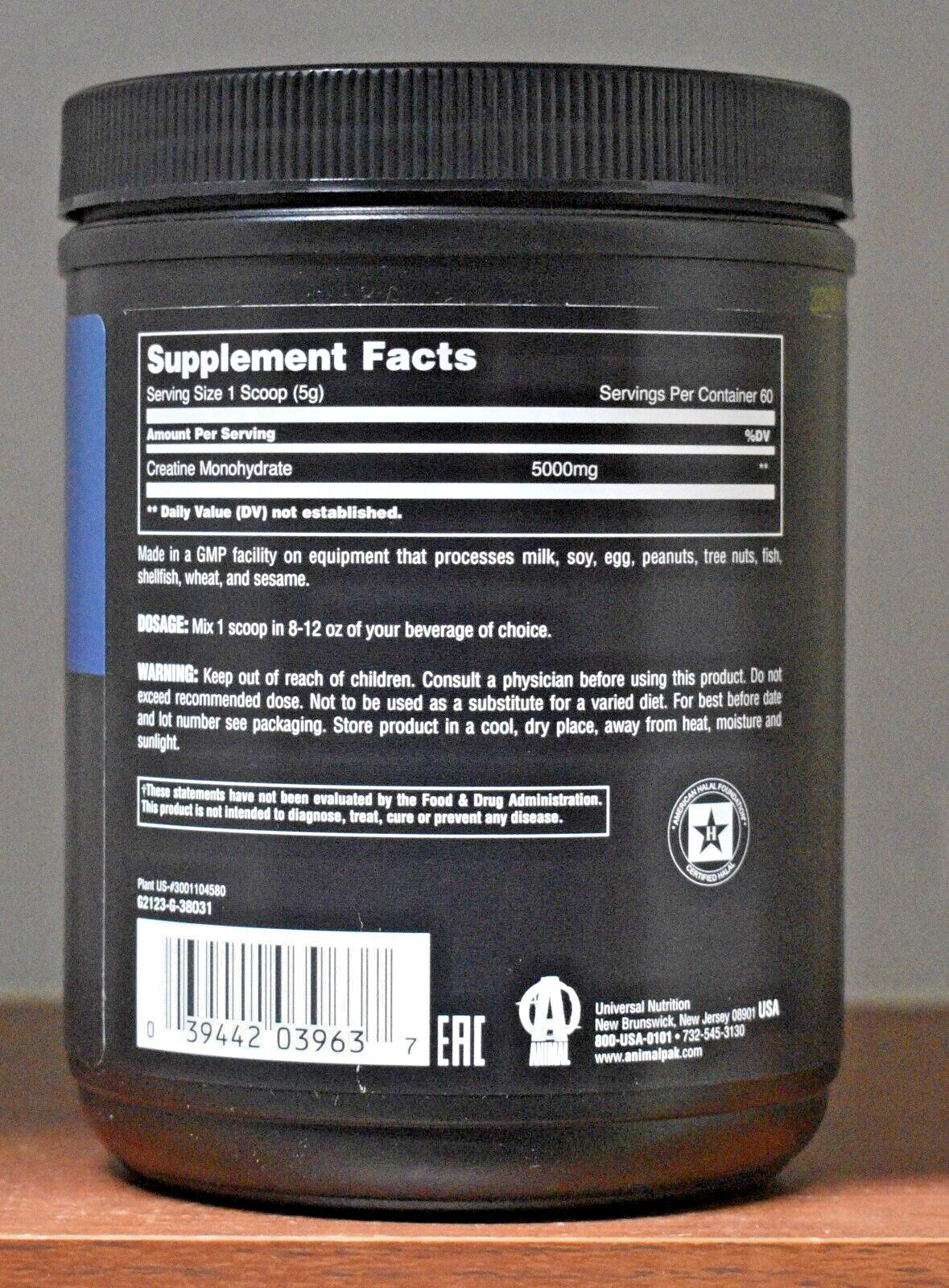 Animal Micronized Creatine Monohydrate Powder 10.58oz 300g 60 Servings