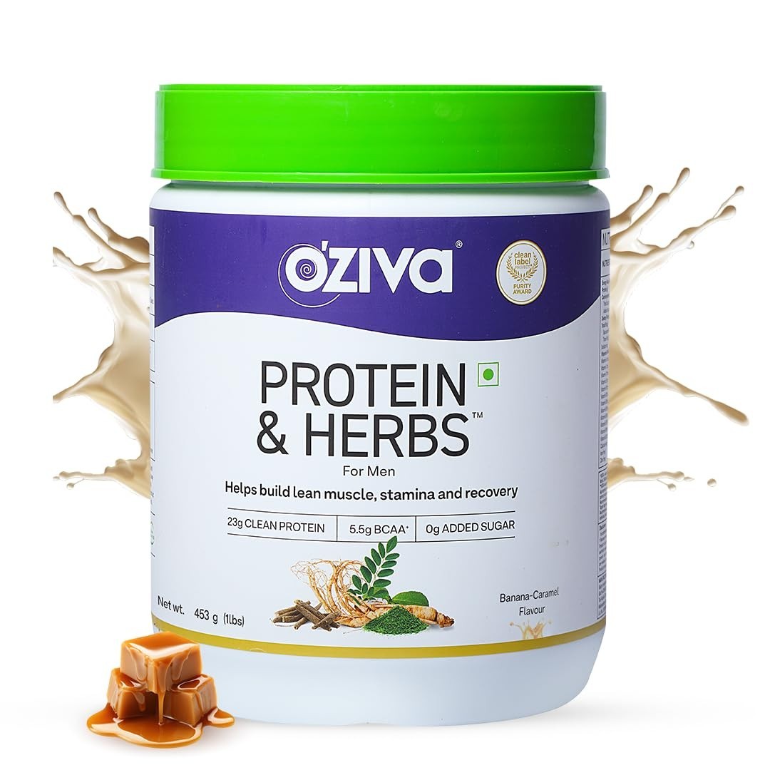 OZiva Protein & Herbs for Men (Banana Caramel) I Muscle Building 1lbs (453gm)