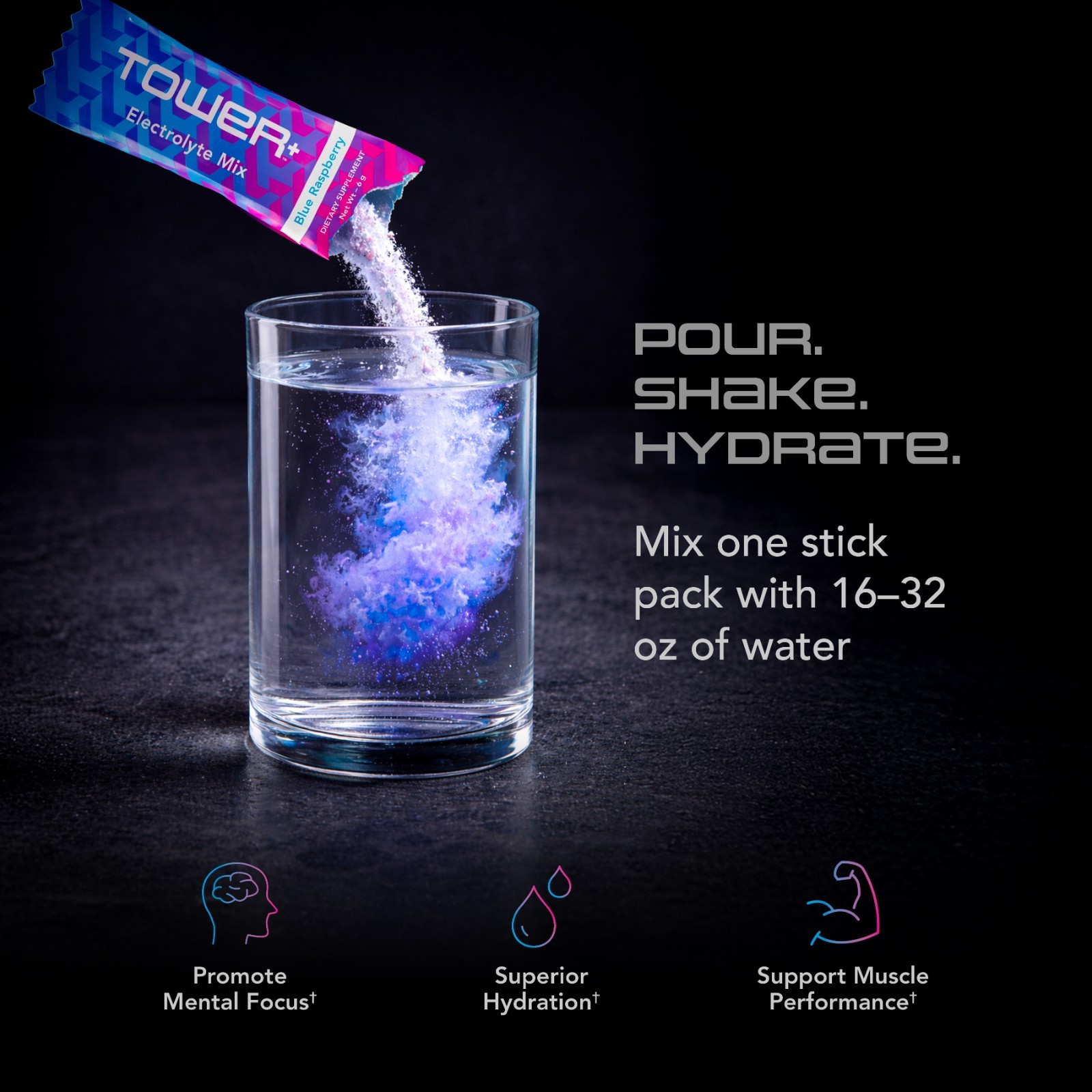 Tower+ Electrolyte Mix Blue Raspberry 30 Stick Packs Sugar Free Hydration
