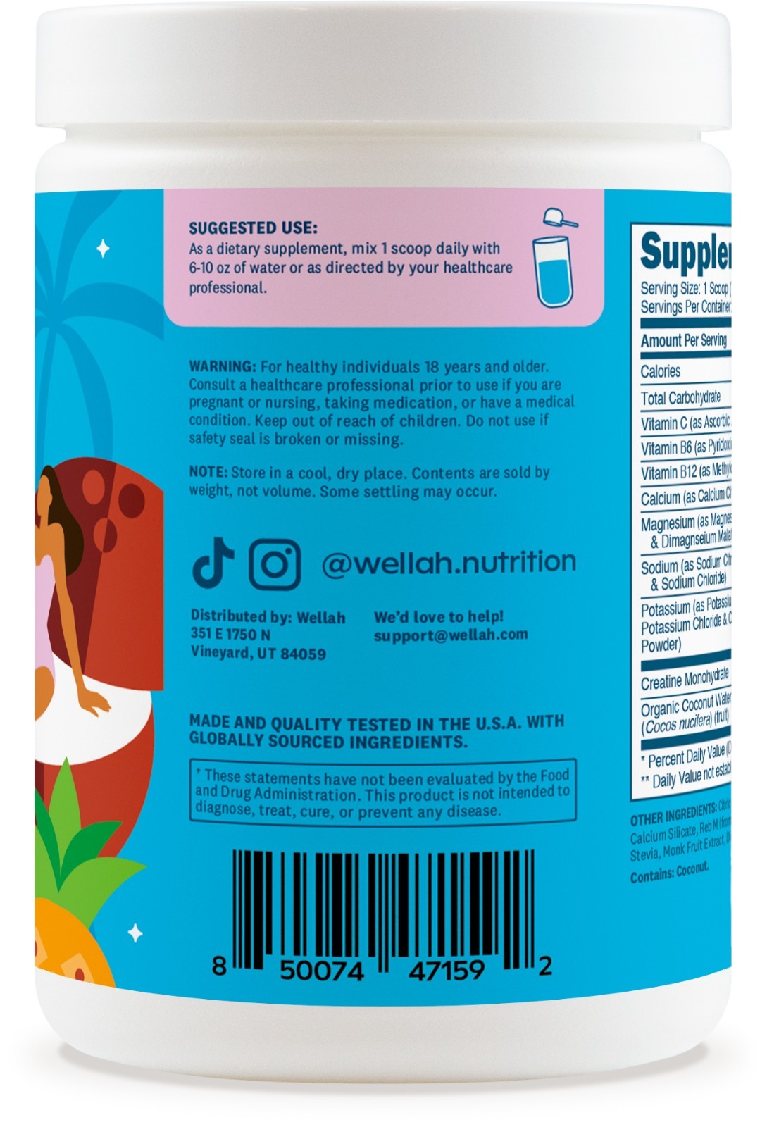 Wellah Creatine + Electrolytes Powder (Blue Hawaii) 30 Servings
