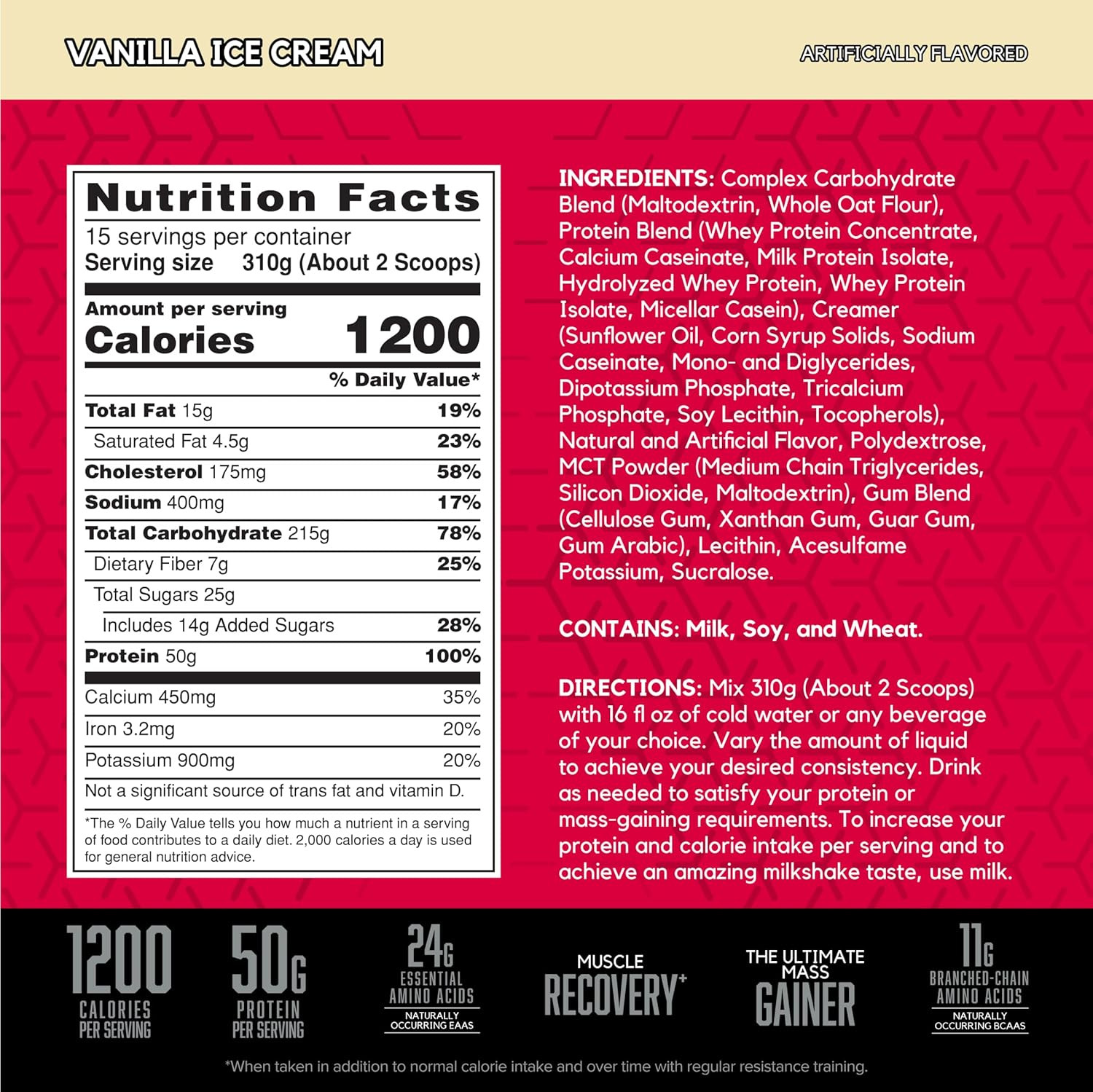 True-Mass Weight Gainer, 4:1 Ratio, Vanilla Ice Cream, 15 Servings | Muscle Mass