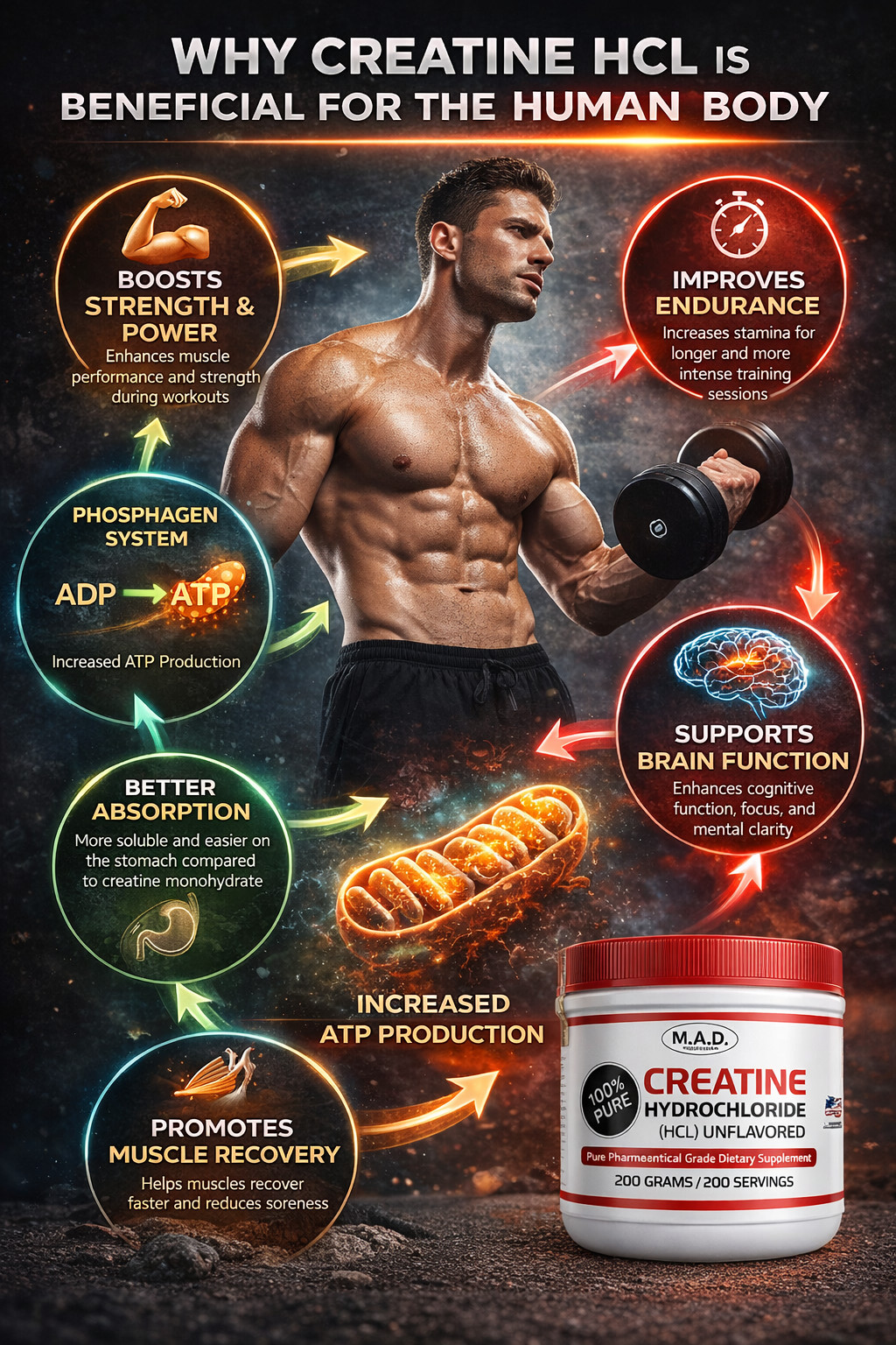 Creatine HCL 200g Micronized Powder No Bloating Strength Supplement
