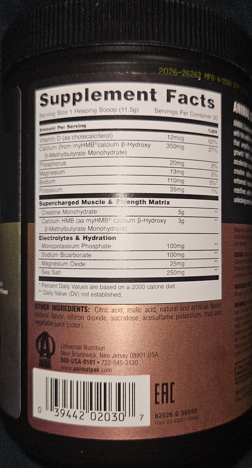Animal Creatine Monohydrate Smarties Edition HMB+ Powder with Electrolytes 30S
