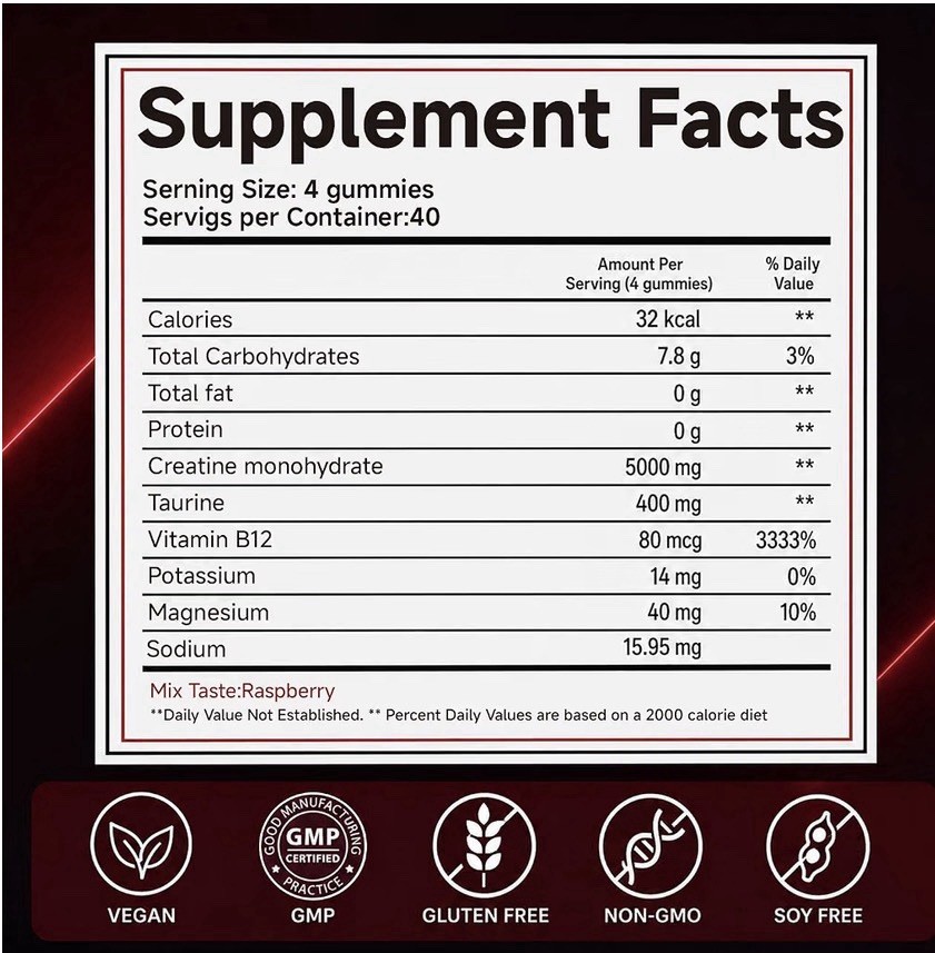 GABE Sunnybear Creatine Monohydrate Gummies Raspberry 160 Ct 5000mg Vegan