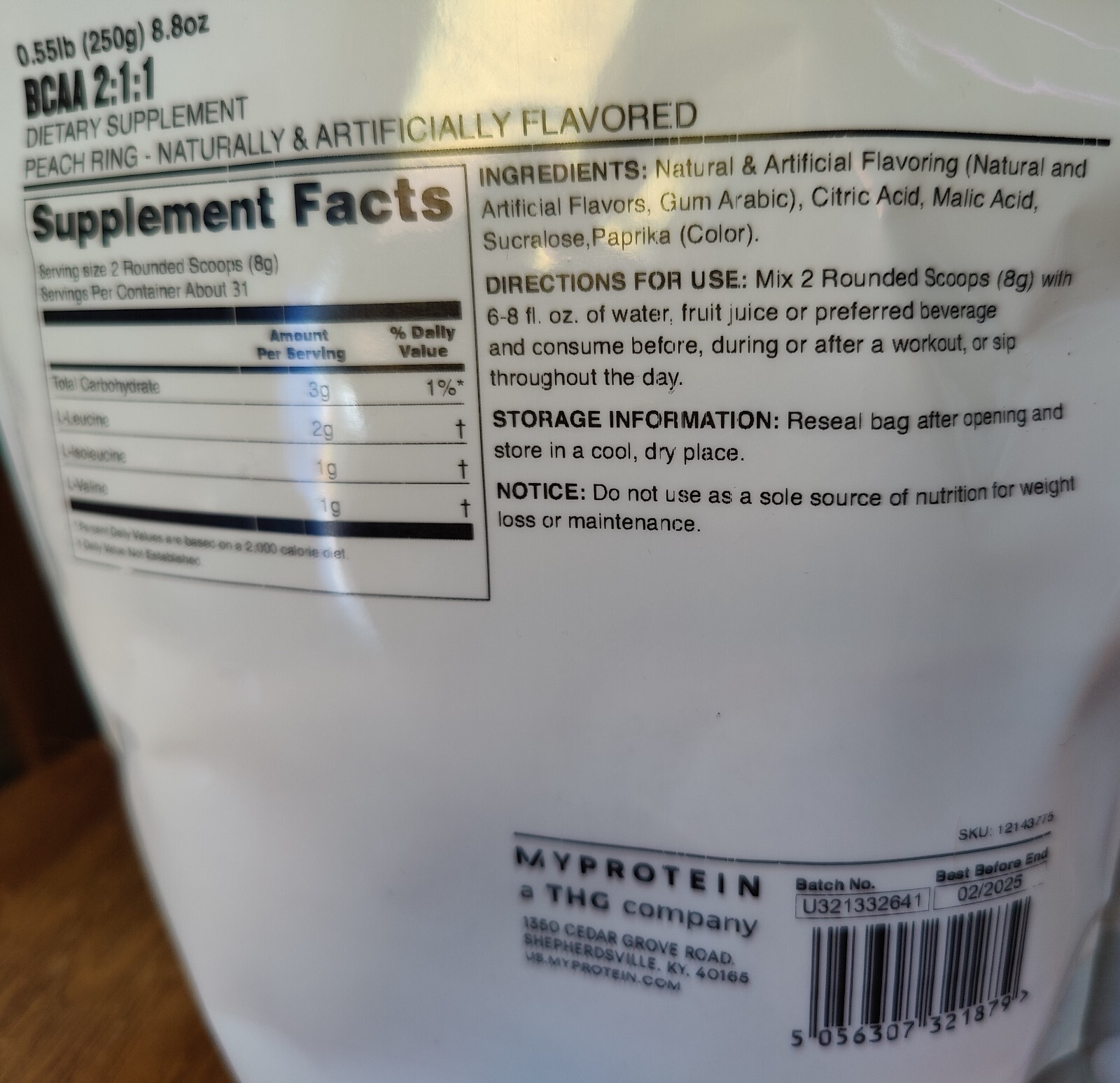 Essential BCAA 2:1:1 Powder, 250g, MyProtein. Rainbow Peach Ring Flavor! .55 lbs