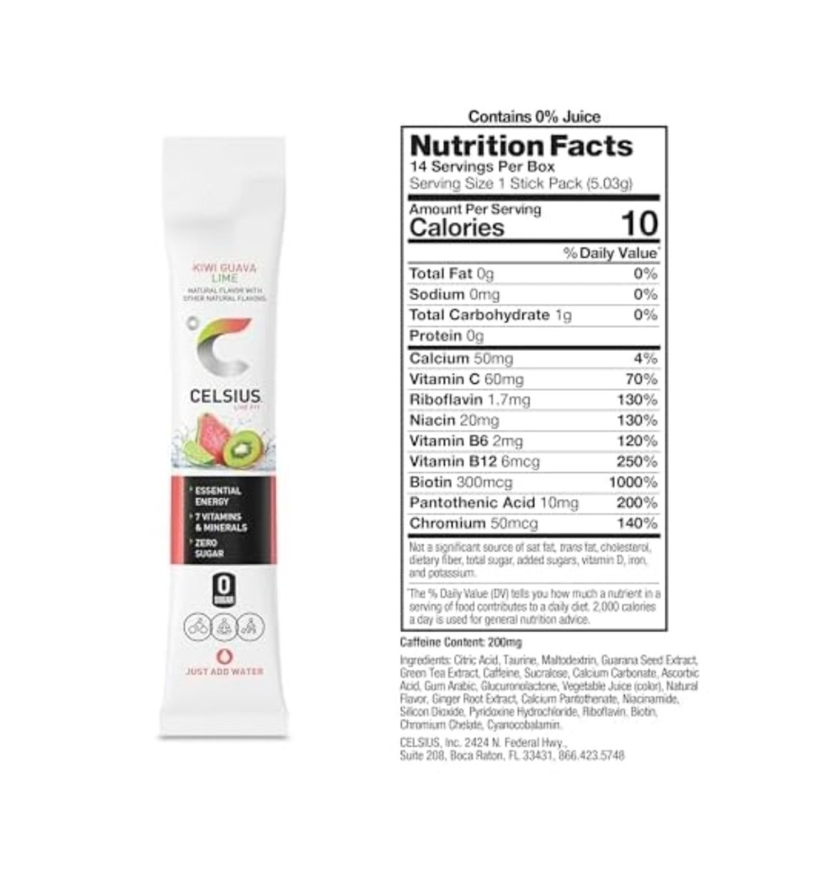 Celsius Essential Energy Powder Sticks Kiwi Guava Lime 14 Pack 200mg