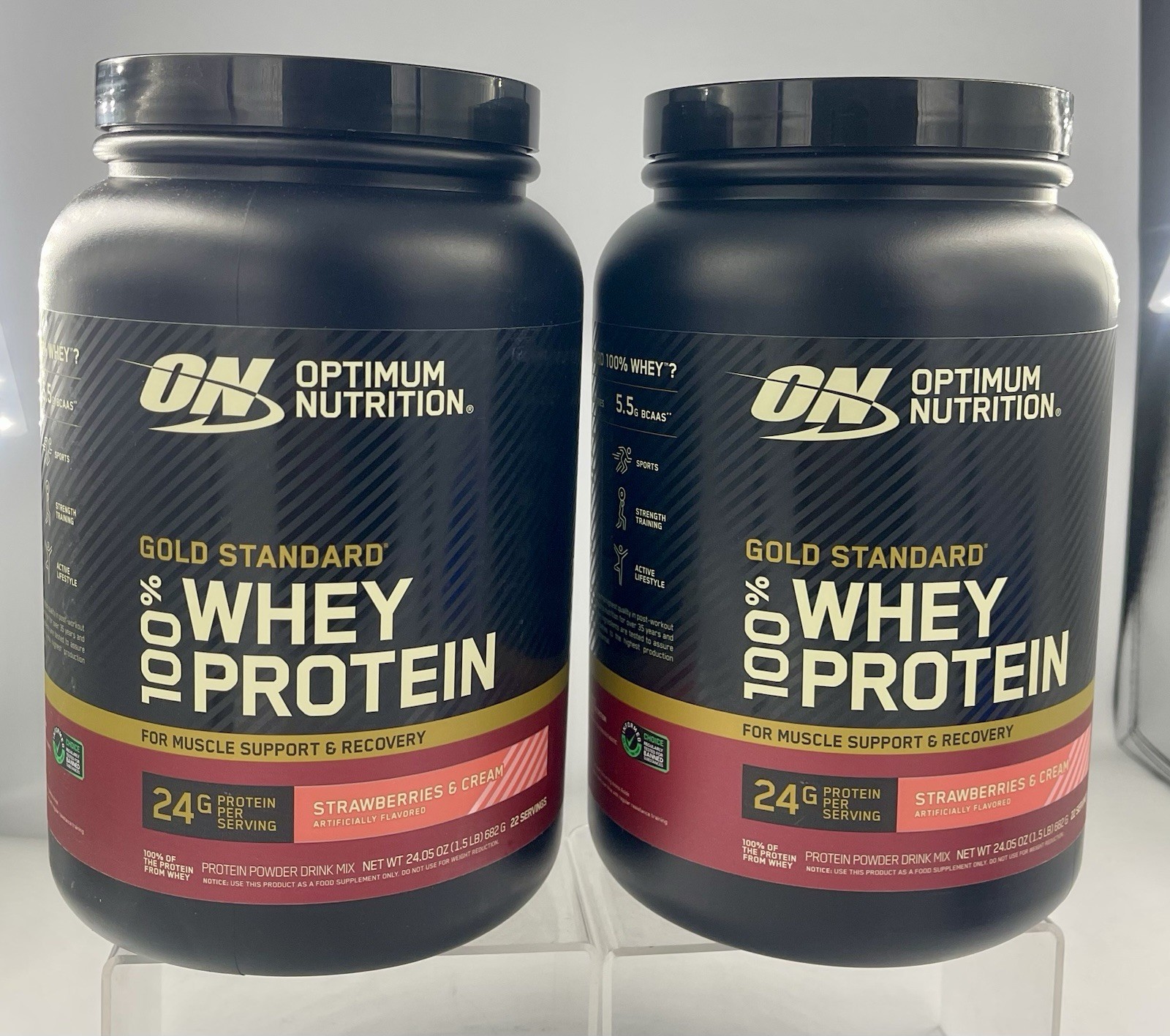Lot of 2 ON Gold Standard 100% Whey Protein Strawberries & Cream 1.5 lb Exp 08/2