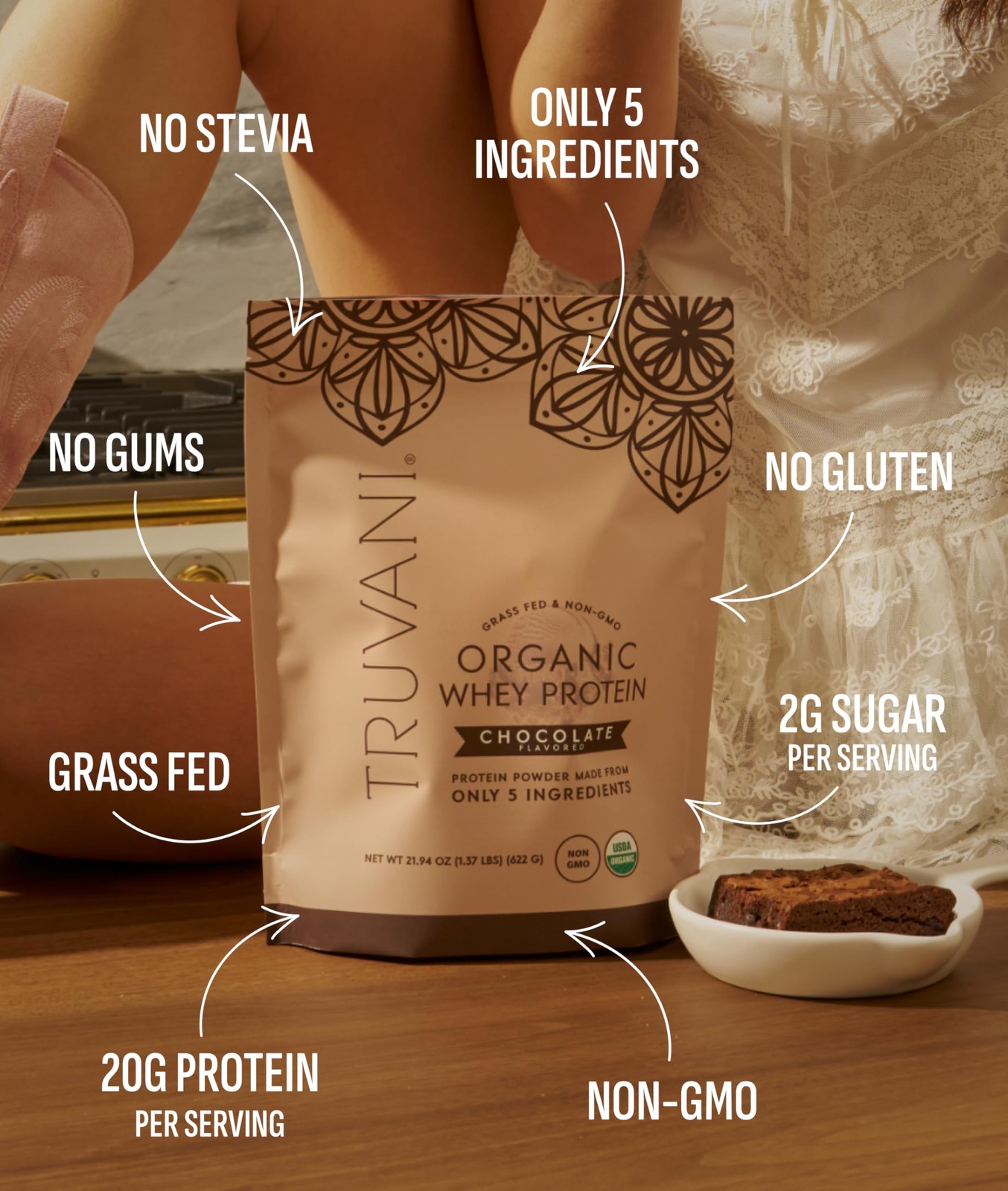 Truvani Organic Whey Protein Powder | Chocolate | 1 Serving | 20g Grass Fed W…