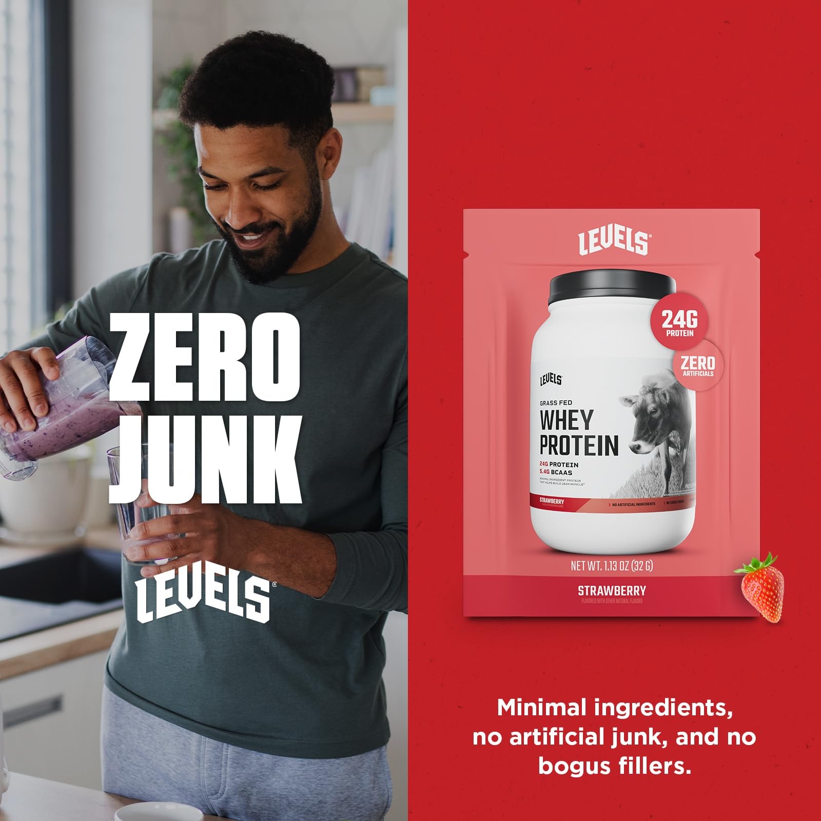 Levels Grass Fed Whey Protein Powder No Artificials 24G of Protein Strawberry…