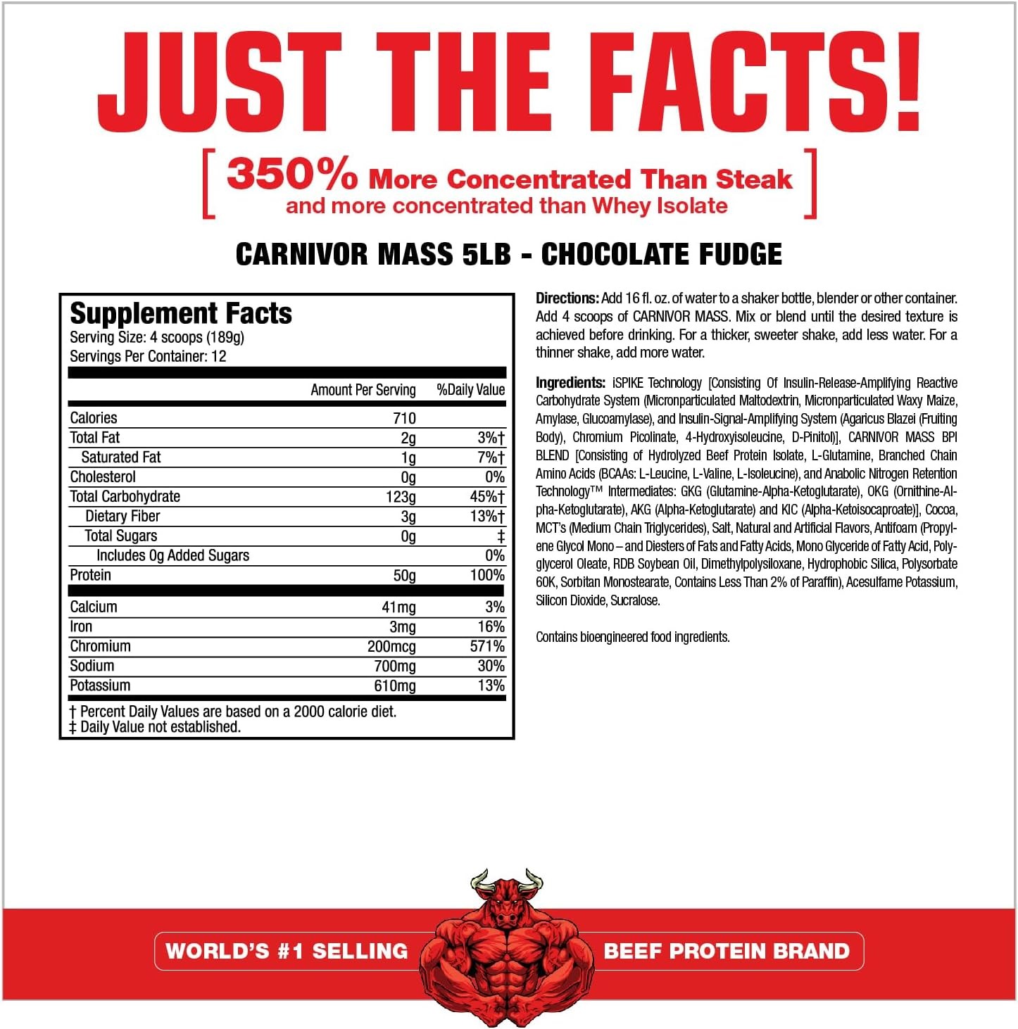 MuscleMeds CARNIVOR Mass Gainer Beef Protein Isolate Shake, 50 Grams Protein, 12