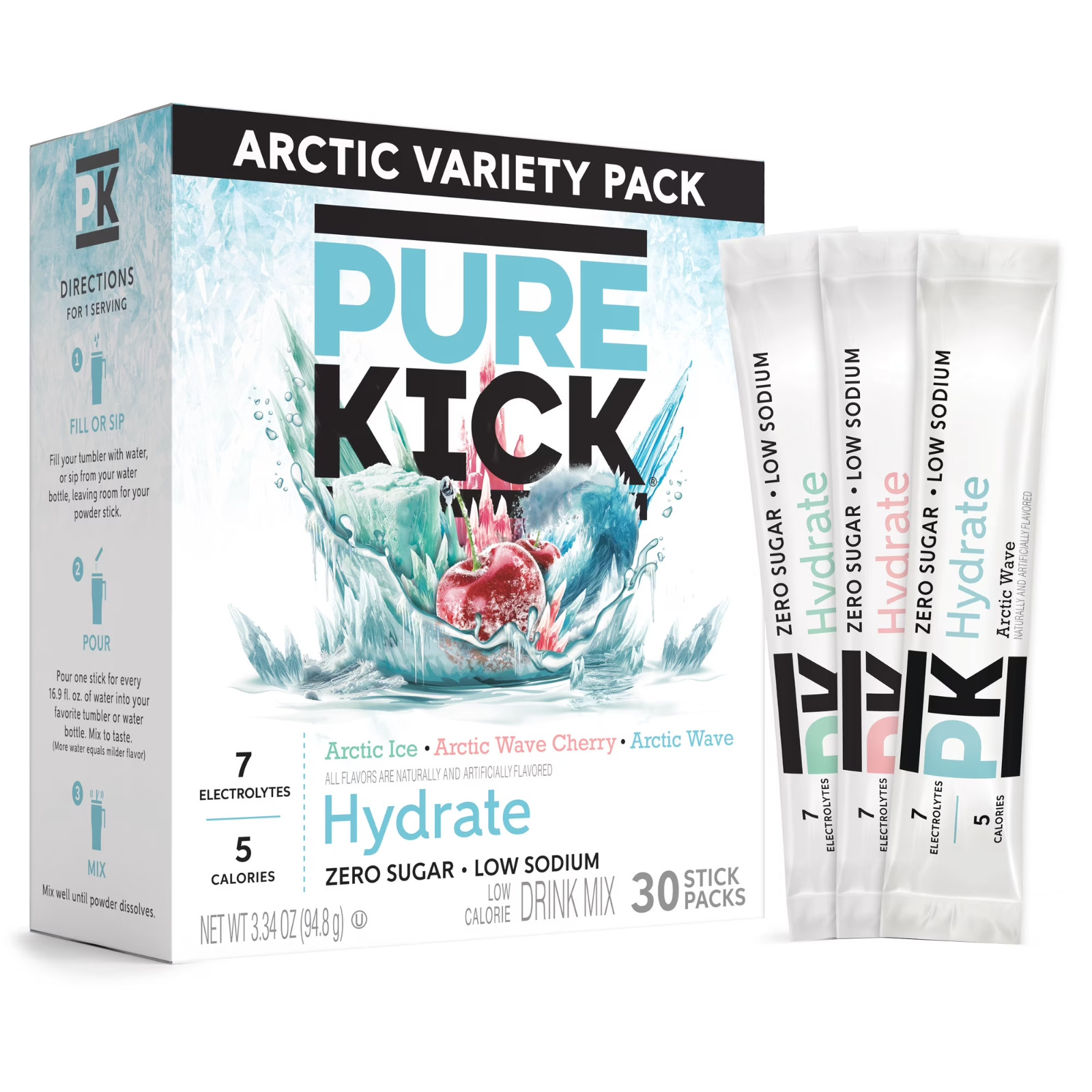 Pure Kick Arctic Variety Drink Mix Singles To Go 30 Pack Hydration Powder Sticks