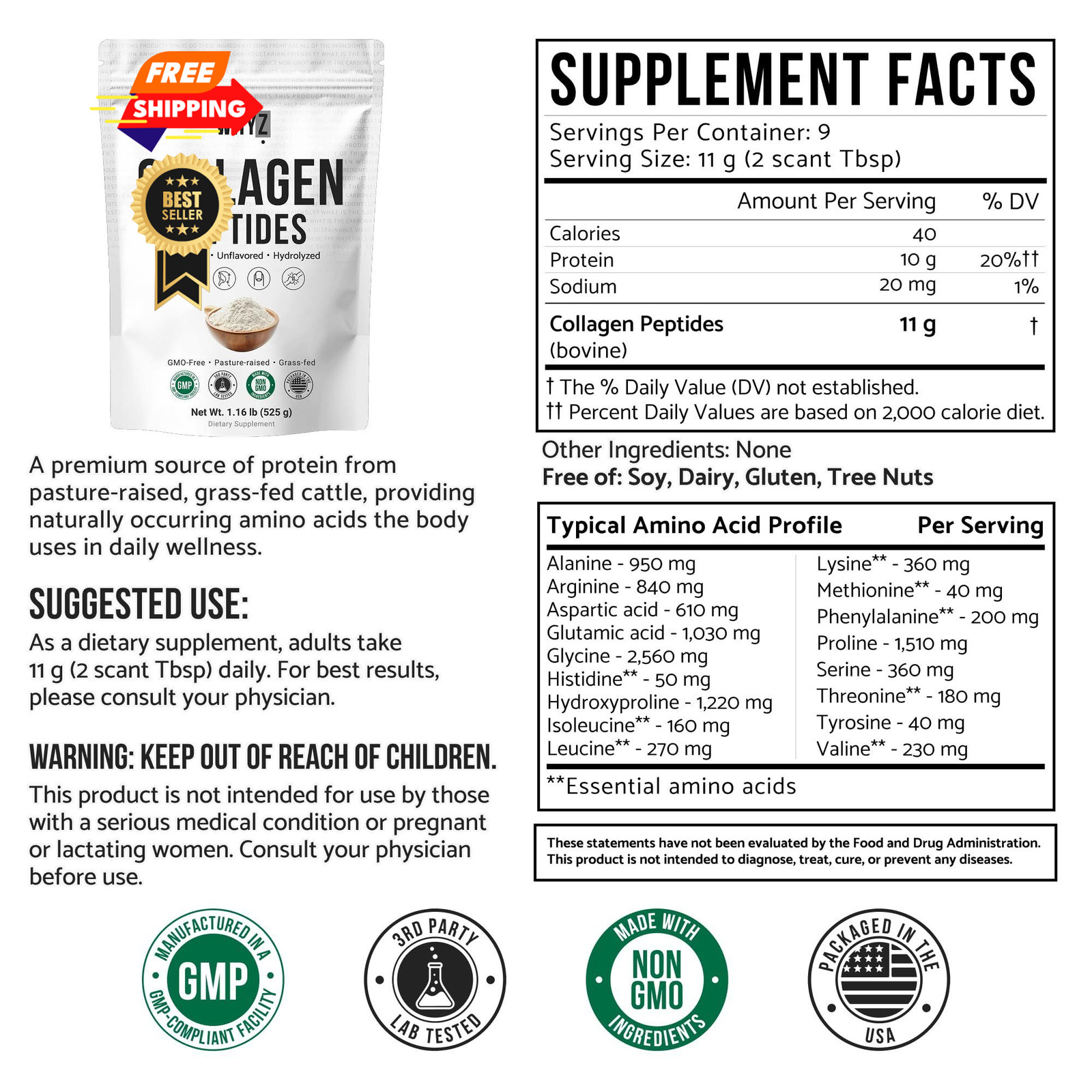 Bovine Collagen Peptides Powder Hydrolyzed Type 3.5 Ounce (Pack of 1), White