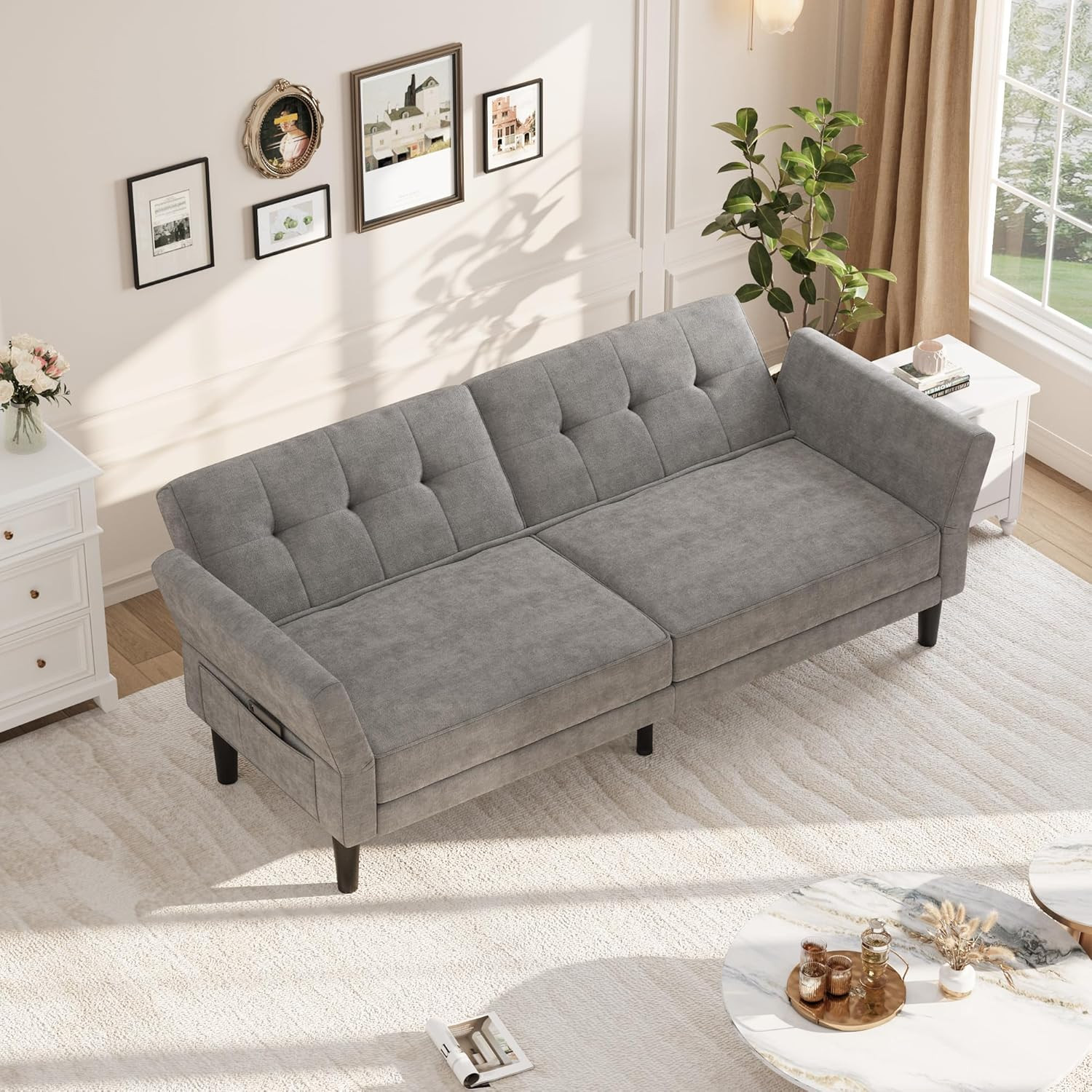 89″ Modern Futon Sofa Bed with Adjustable Backrest & Armrest