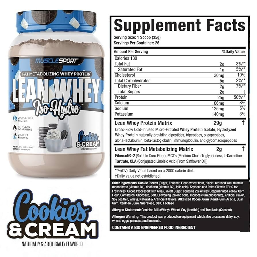 Lean Whey, Iso-Hydro, COOKIES AND CREAM Ice Cream, 2 lbs (908 g)
