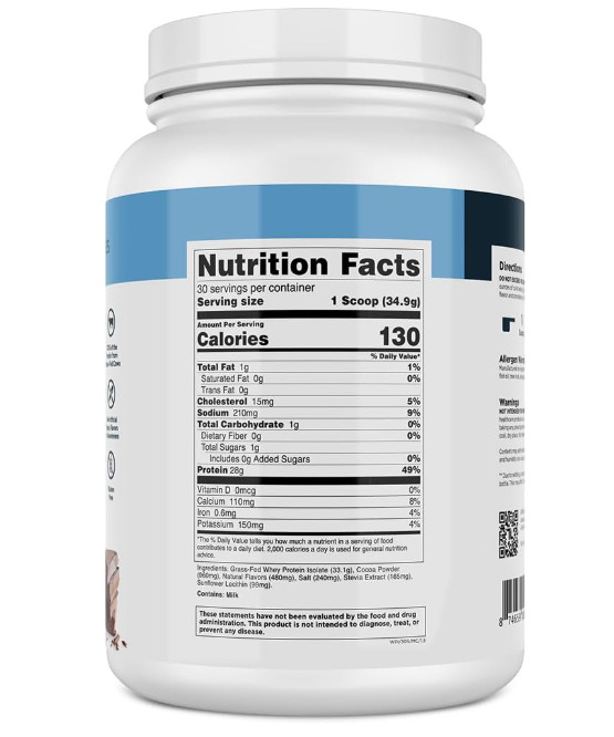 Grass Fed Whey Isolate Milk Chocolate 28g Protein 30Sv Gluten Free