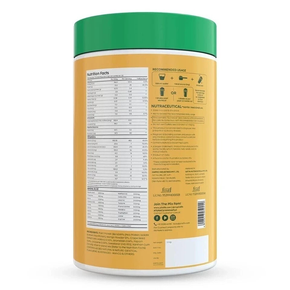 PLIX – THE PLANT FIX Strength Plant Protein Powder – 1 KG (Mango) j796