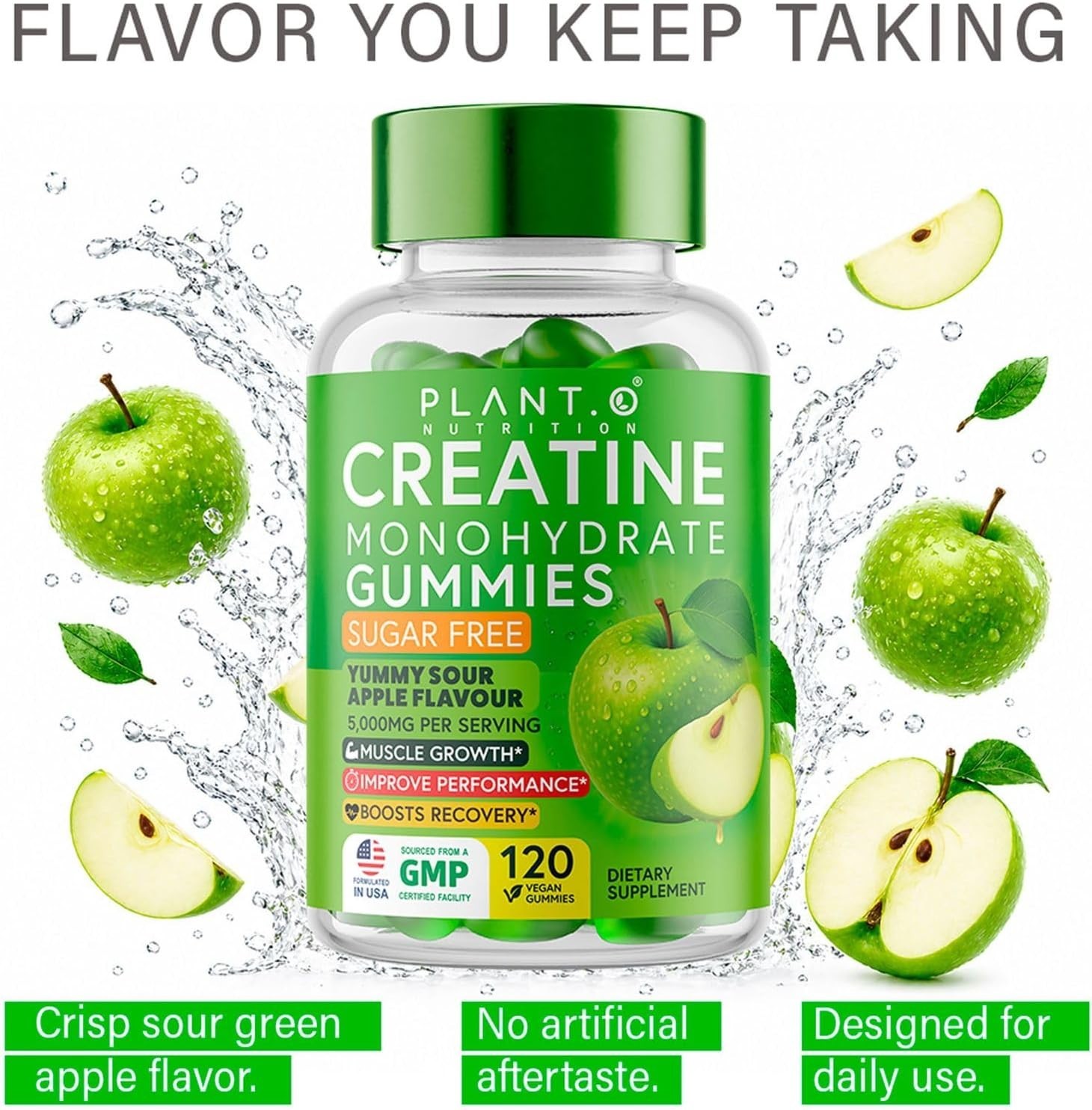Creatine Monohydrate Gummies Sugar Free 5000mg 5g Per Serving Sour Green Apple