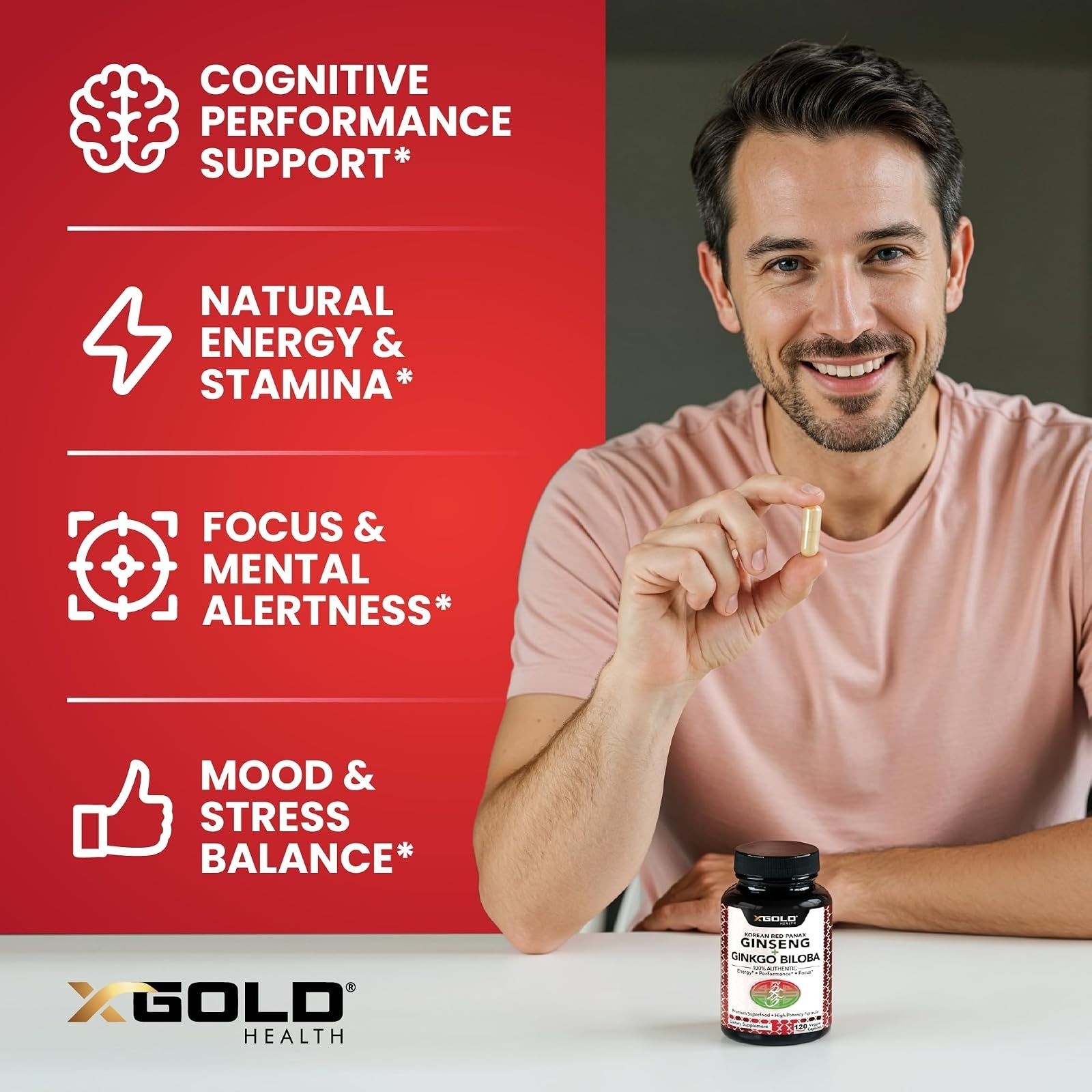 X Gold Health Korean Red Panax Ginseng 1200mg + Ginkgo Biloba 120 Capsules