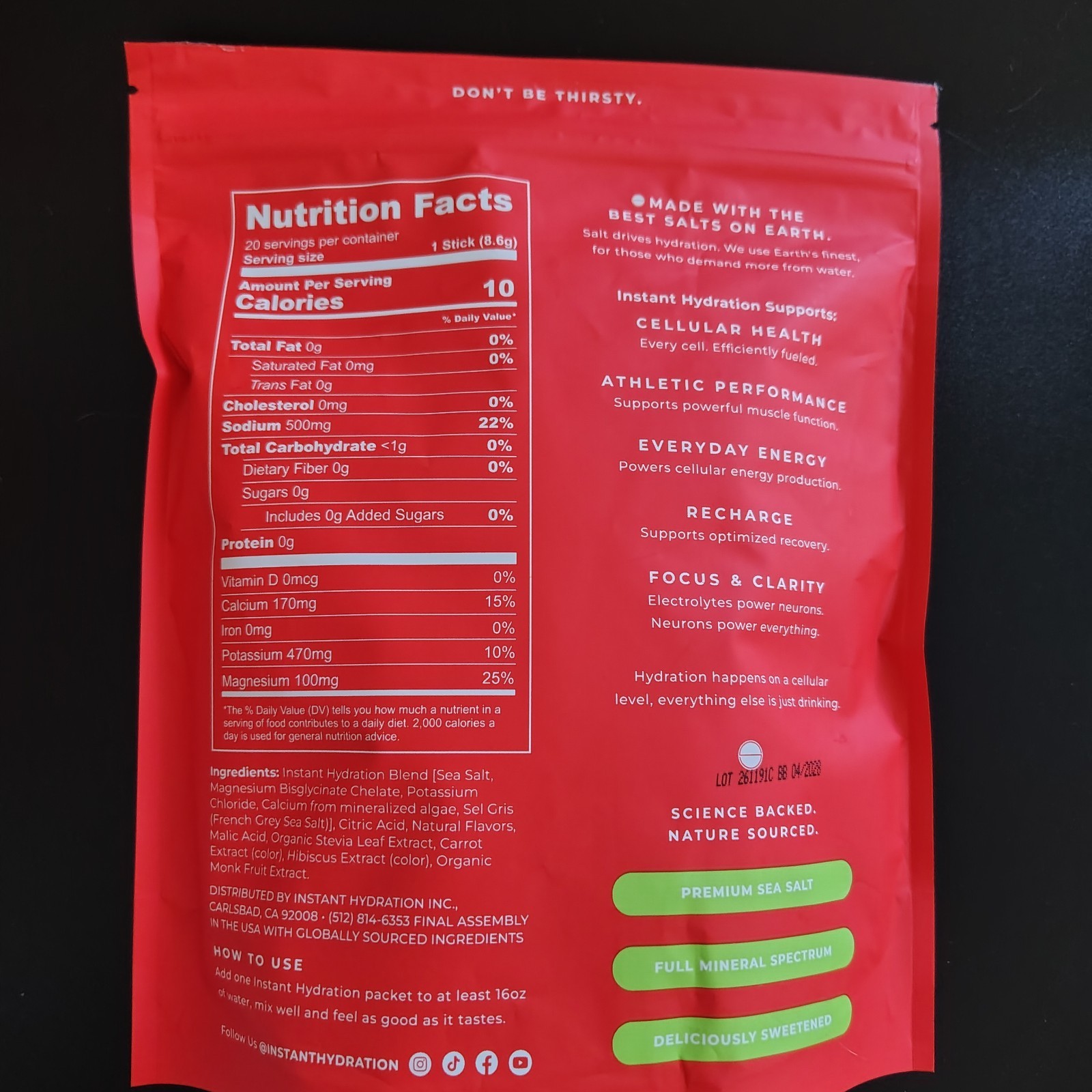 Instant Hydration Sugar Free Electrolytes Powder -20 Sticks Cherry Limeade