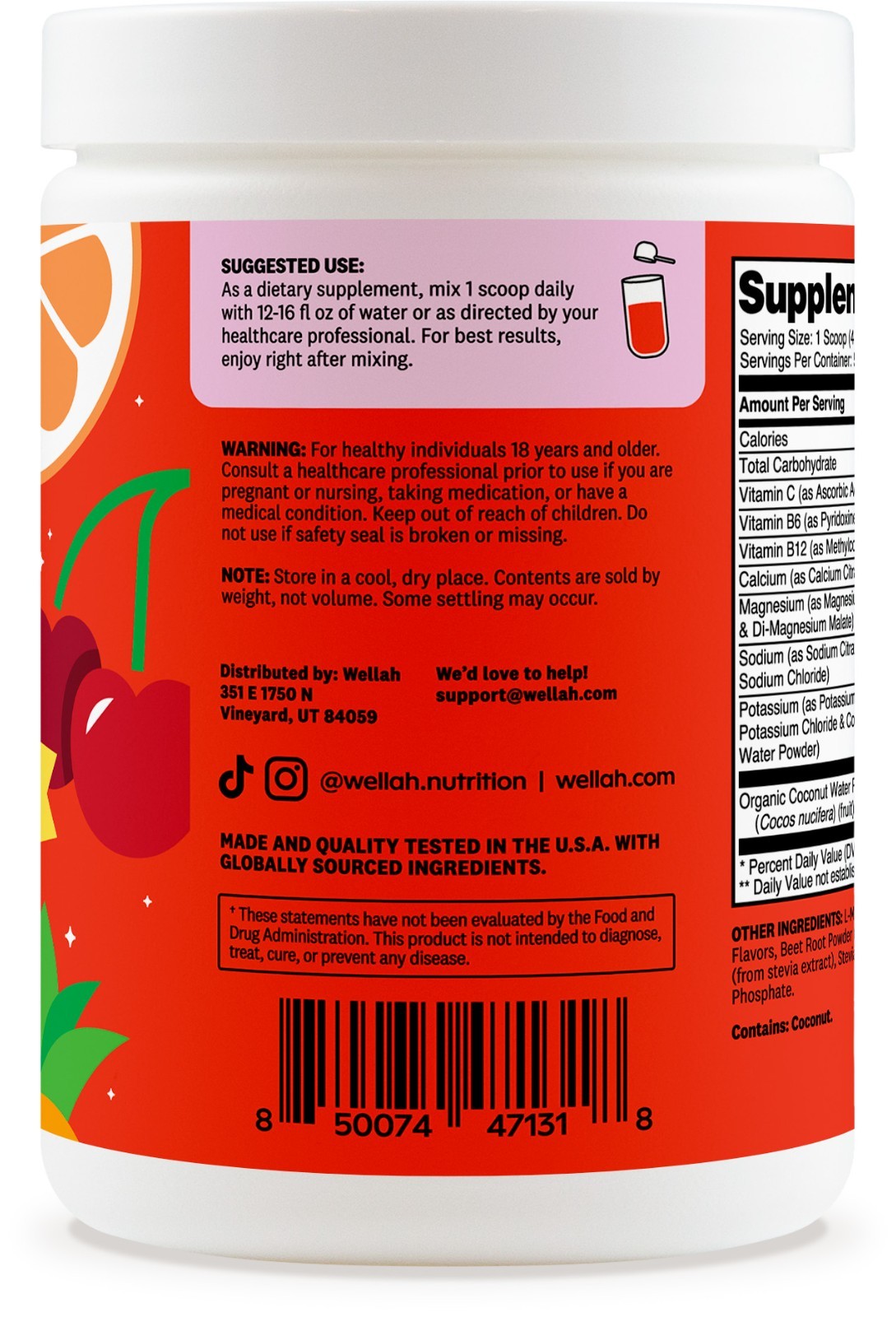 Wellah Electrolytes Powder (Fruit Punch) 50 Servings – Hydration Drink Mix