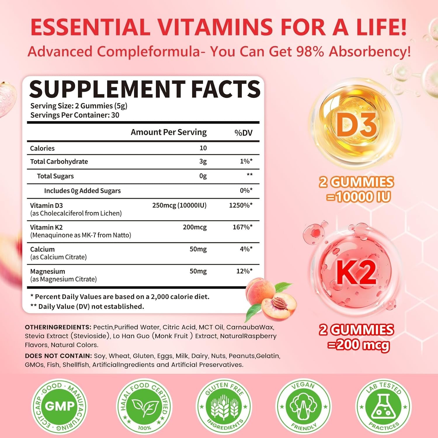 Jabsah brand Vitamin D3 K2 Gummies 10000 IU with Calcium, Magnesium & K2 (MK-7)