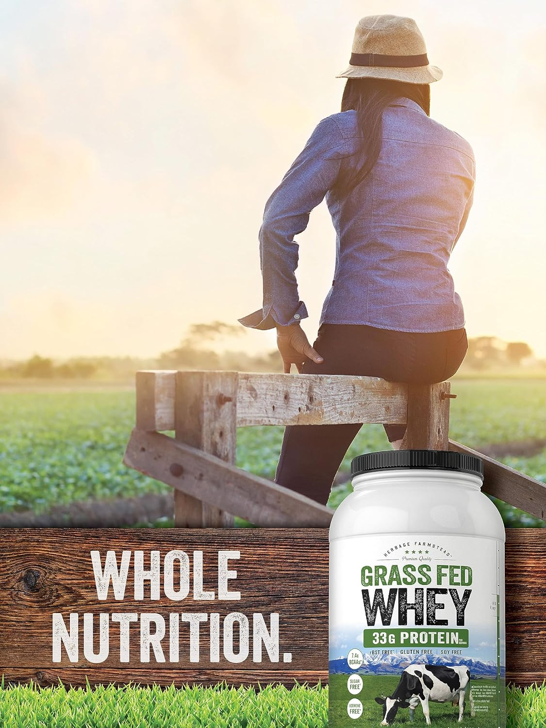Grass Fed Whey Protein Powder 2Lb 33G of Protein per Serving Unflavored Sugar an
