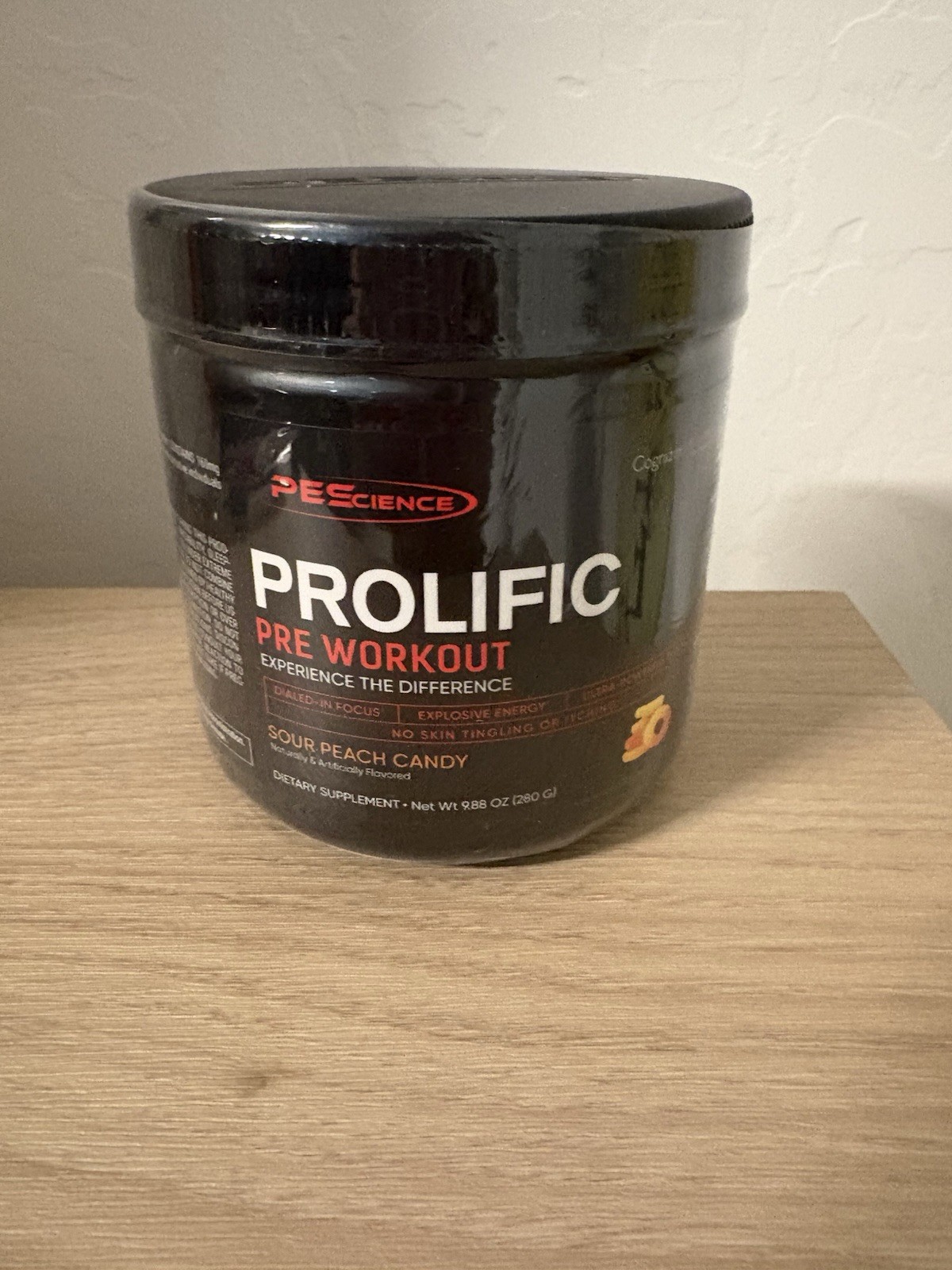 PEScience Prolific Pre Workout Powder Sour Peach Candy 9.88 oz Caffeine