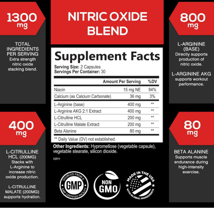 Oxido Nitrico Y L-Arginina Extra Fuerte Para Aumentar La Energia Muscular 60 Ct