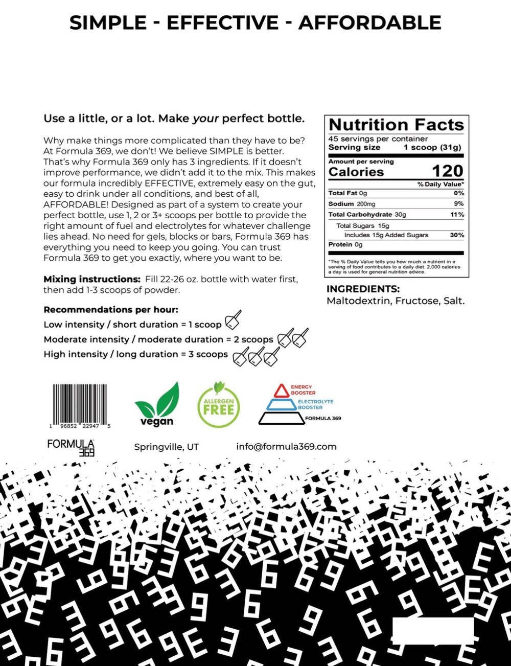 Formula 369 Endurance Fuel Drink Mix 3lb Bag 45 Scoops for Cycling/Endurance Spo