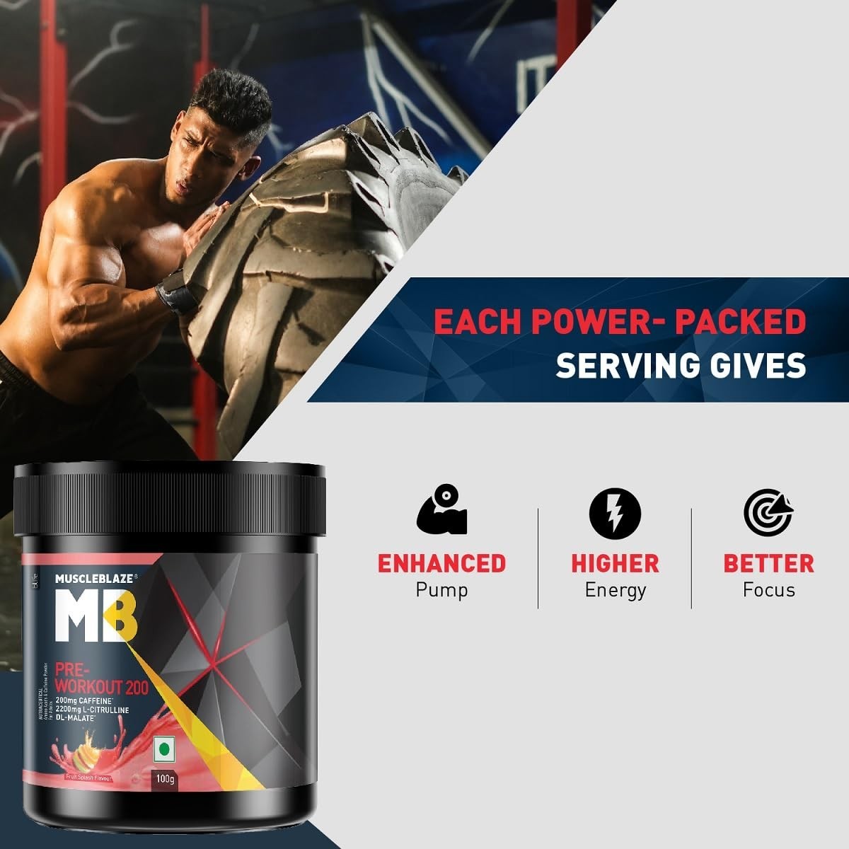 Pre Workout 200 (Fruit Splash, 16 servings, 100g) | 200mg Caffeine,Citrulline