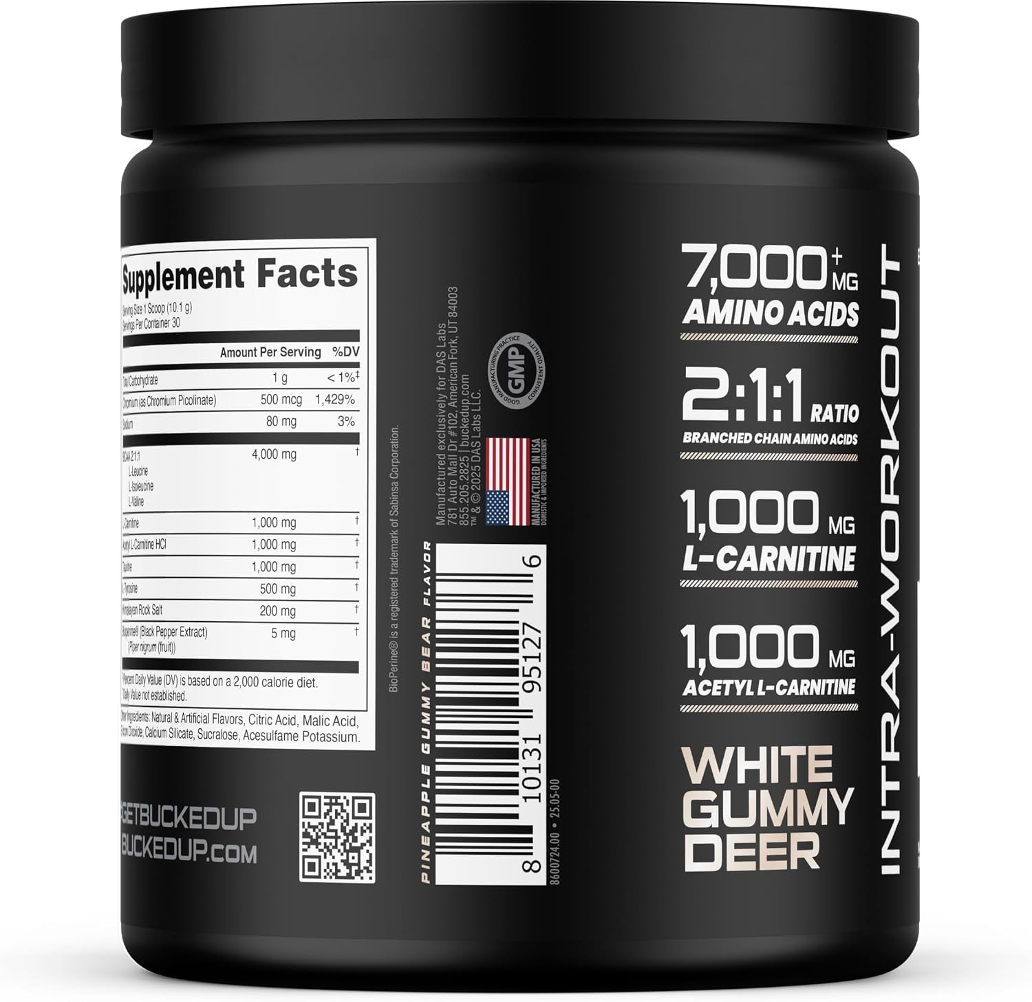 Bucked Up Racked White Gummy Deer BCAA Intra Workout Amino Powder 30 Servings.