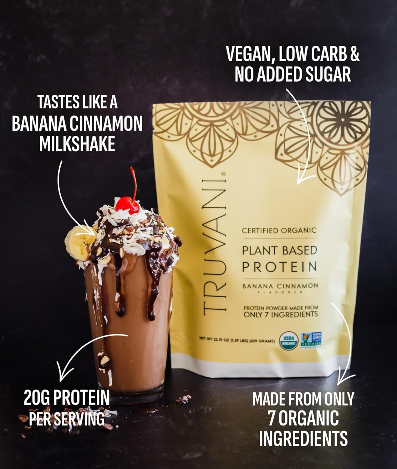 Truvani Organic Plant Based Protein Powder | Banana Cinnamon | 10 Servings | Ve