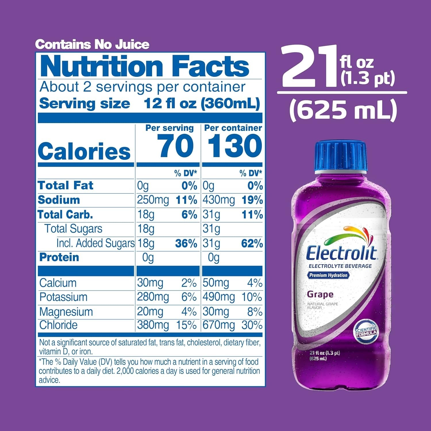 Electrolit, Electrolyte Beverage, Grape, 21 Fl Oz bottle (Pack of 12)