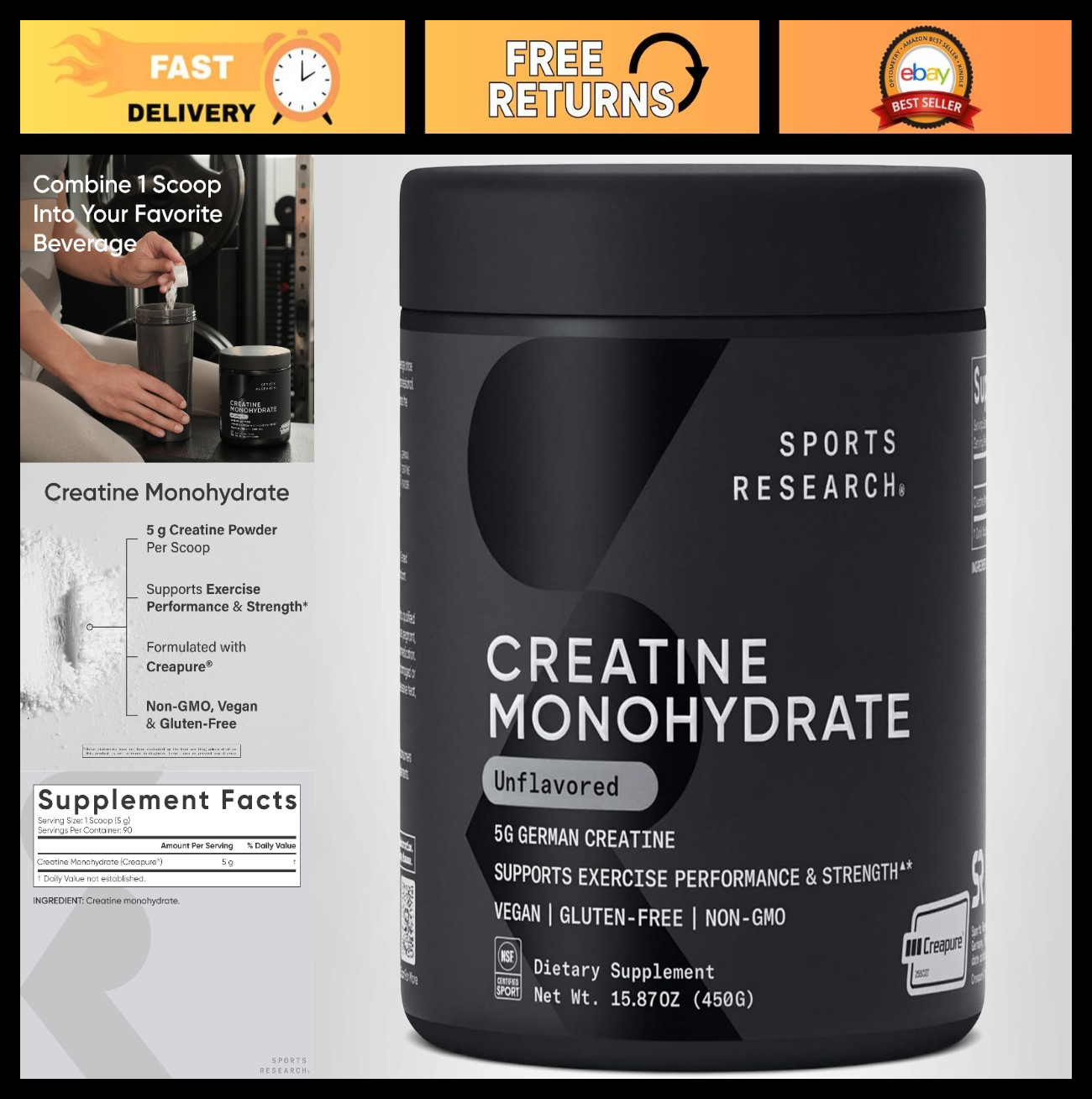 Creatine Monohydrate Powder – Gain Lean Muscle, Boost Performance, 90 Servings