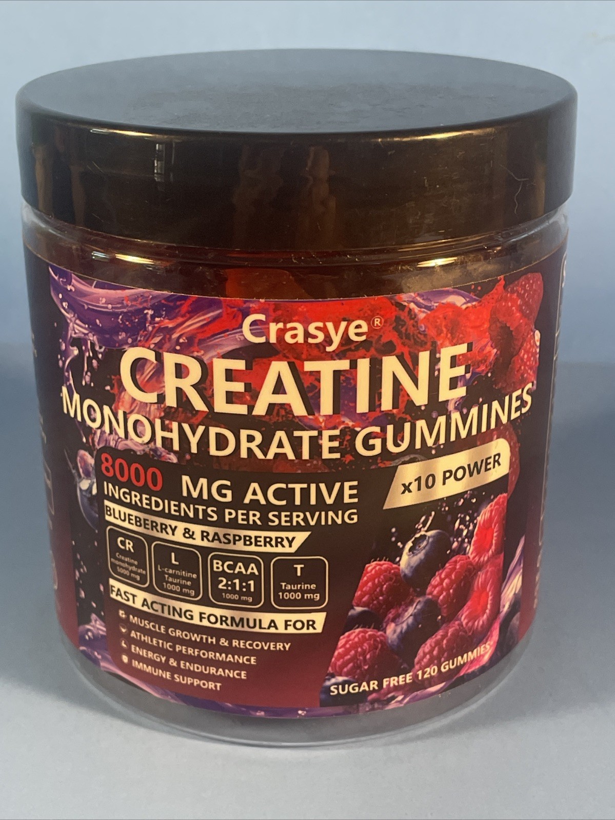 Crasye Creatine Monohydrate Gummies Sugar-Free Blueberry Raspberry 120 EXP 2027