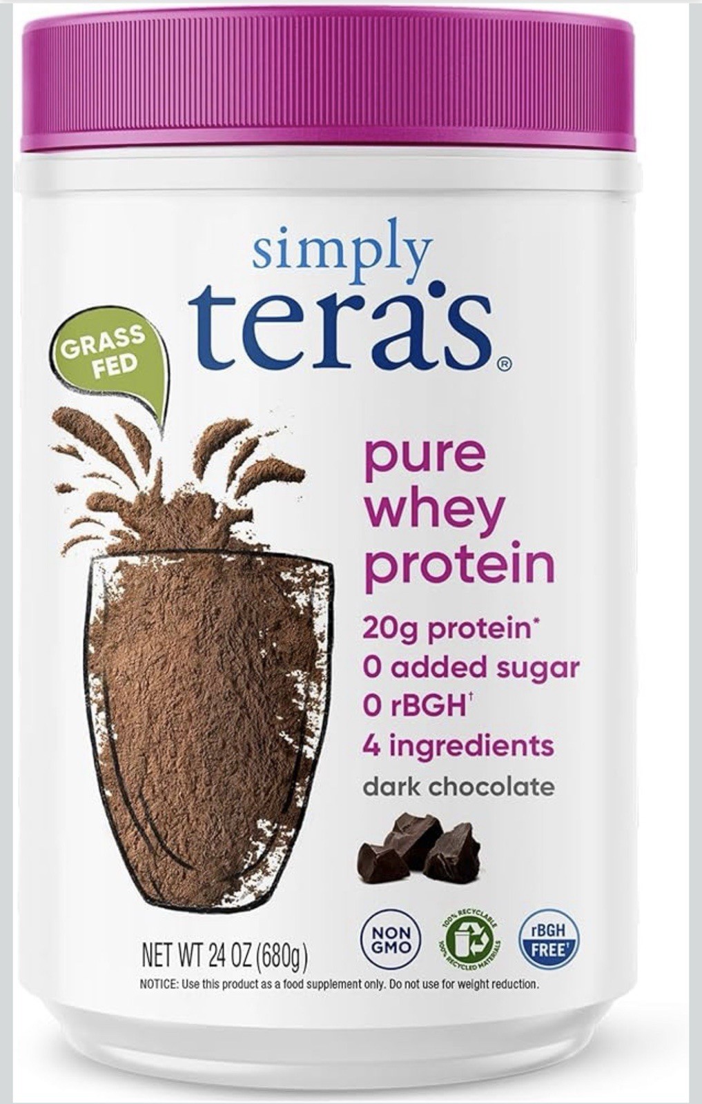 Tera’s Whey Protein Powder – Dark Chocolate – Grass Fed, Non-GMO, 24oz