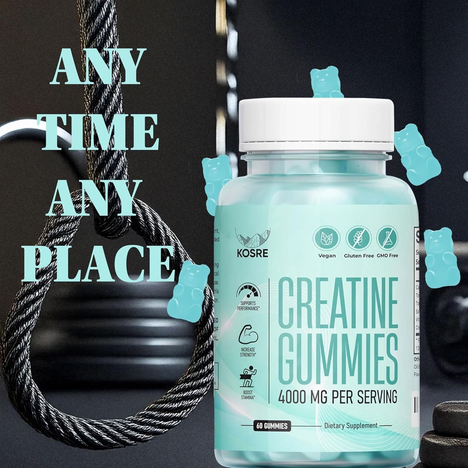 Creatine Monohydrate Gummies for Muscle Support – Blueberry Flavor – 60ct.