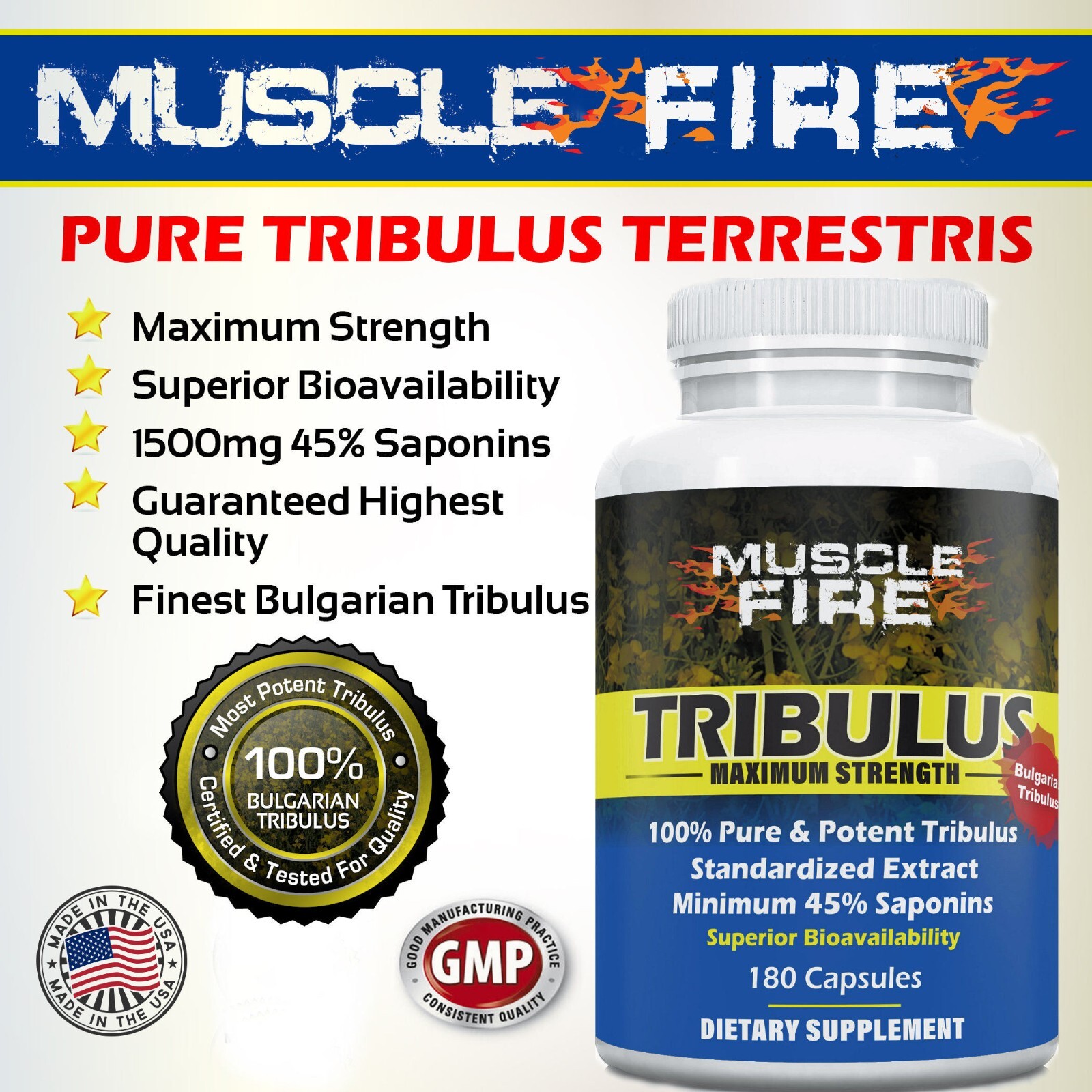 Bulgarian Tribulus Terrestris 180 Count 1500mg 45% Steroidal Saponins