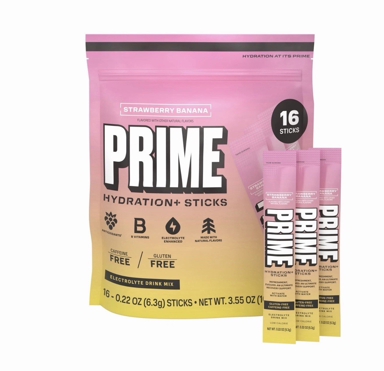 2 Pack PRIME Hydration Strawberry Banana Powder Sticks 16 Ct Each Sugar Free