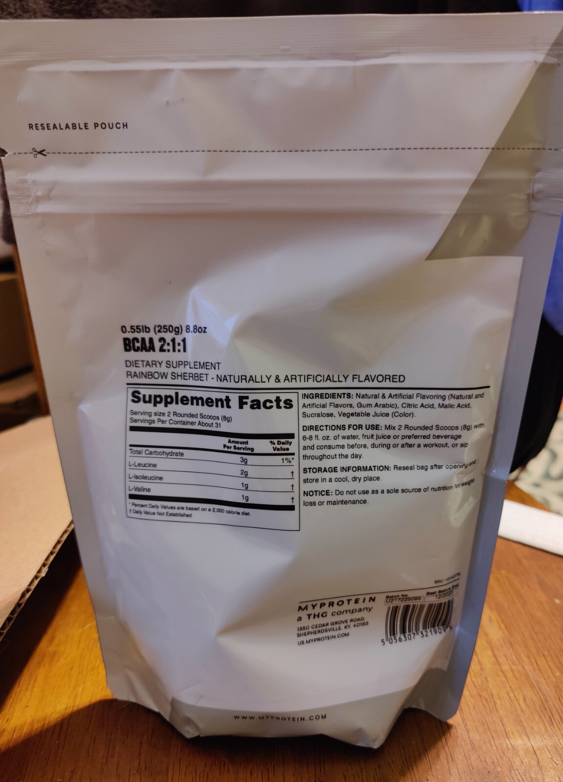 Essential BCAA 2:1:1 Powder, 250g, MyProtein. Rainbow Sherbert Flavor! .55 lbs